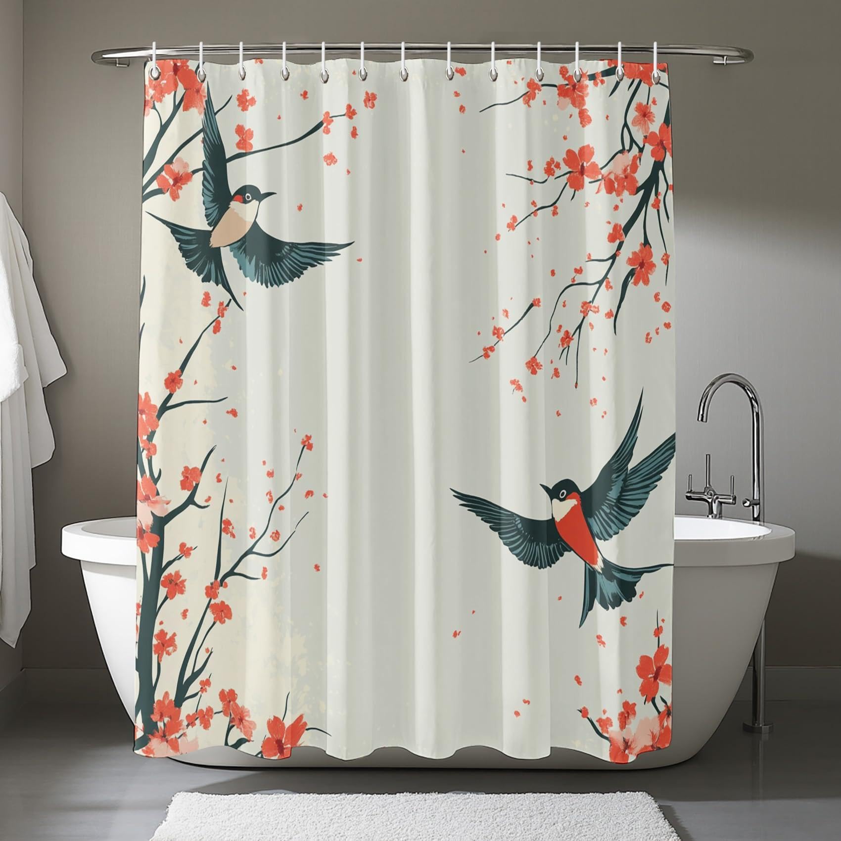 UIYIUI Flower Bird Stall Shower Curtain 87x79in（220x200cm） Swallow Plum Blossom Asian Japanese Aesthetic Watercolor Spring Garden Scenery Bath Curtain, Modern Rustic Elegant Bathroom Shower Curtains