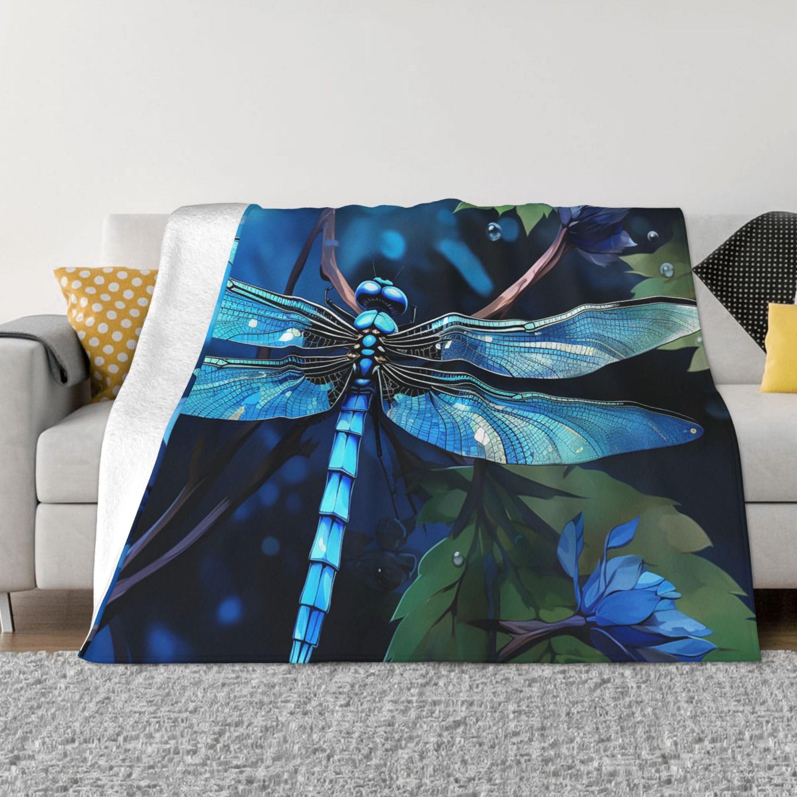 Couverture en flanelle libellule bleue 203x152 cm pour canapé