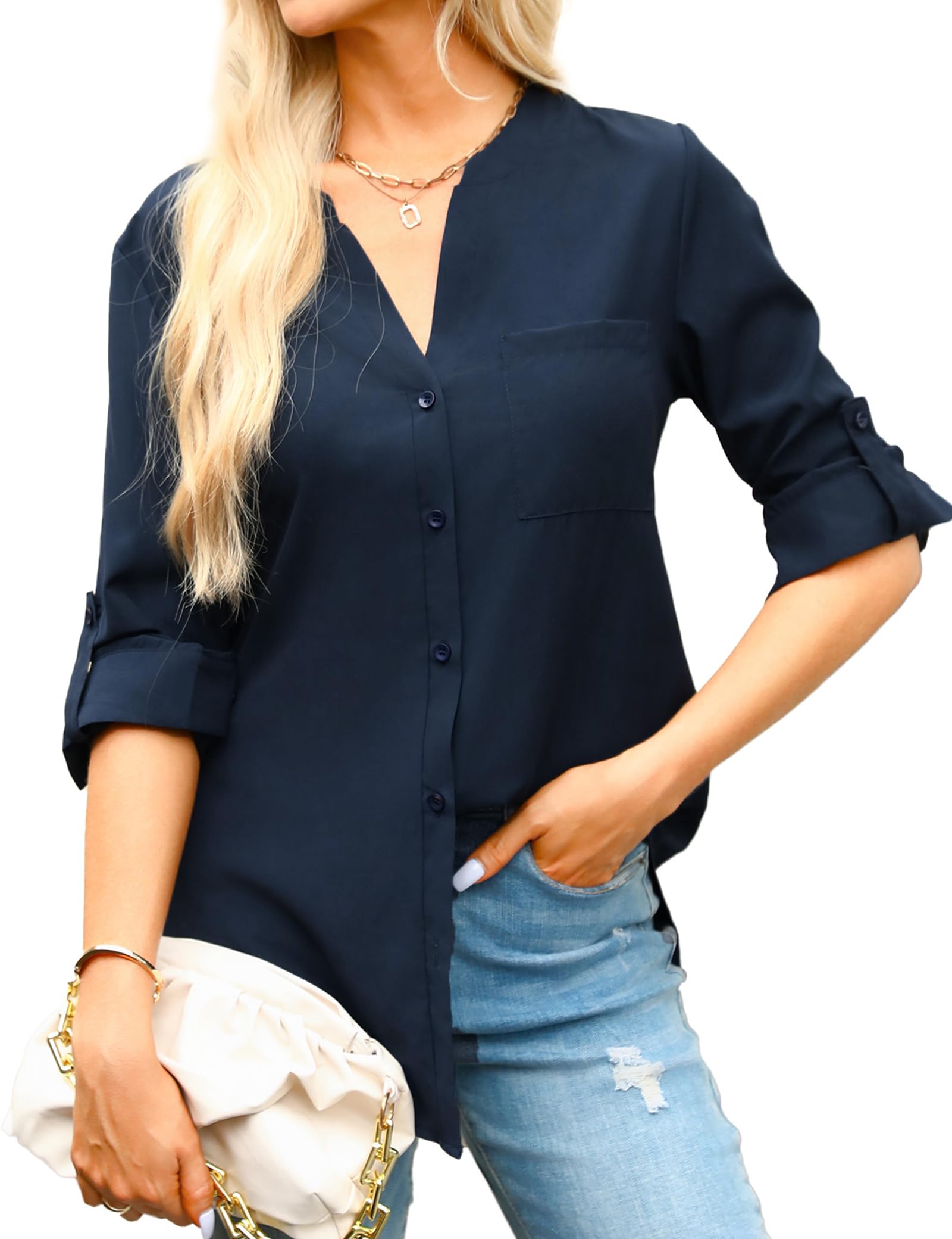 Aottori Camicetta Donna Elegante Camicia con Scollo a V Blusa a Maniche Lunghe Shirt con Bottoni Tinta Unita Tops Casual