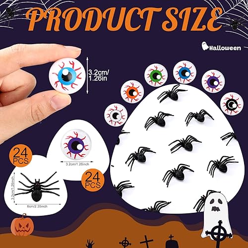Miniatura 9 de HyDren 24 globos oculares de Halloween y 24 piezas realistas de araña de plástico para Halloween, globos de ojos de plástico aterradores, araña