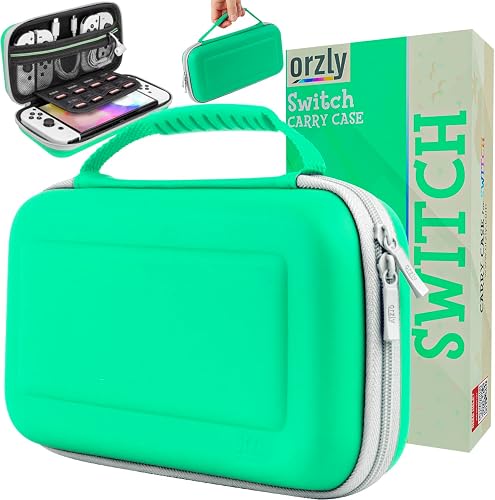 Orzly Carry Case Nintendo Switch Oled console with accessories and Games storage compartment - Easy Clean Case Gift Boxed Edition, Green/White, Special Cleanable and Washable Material