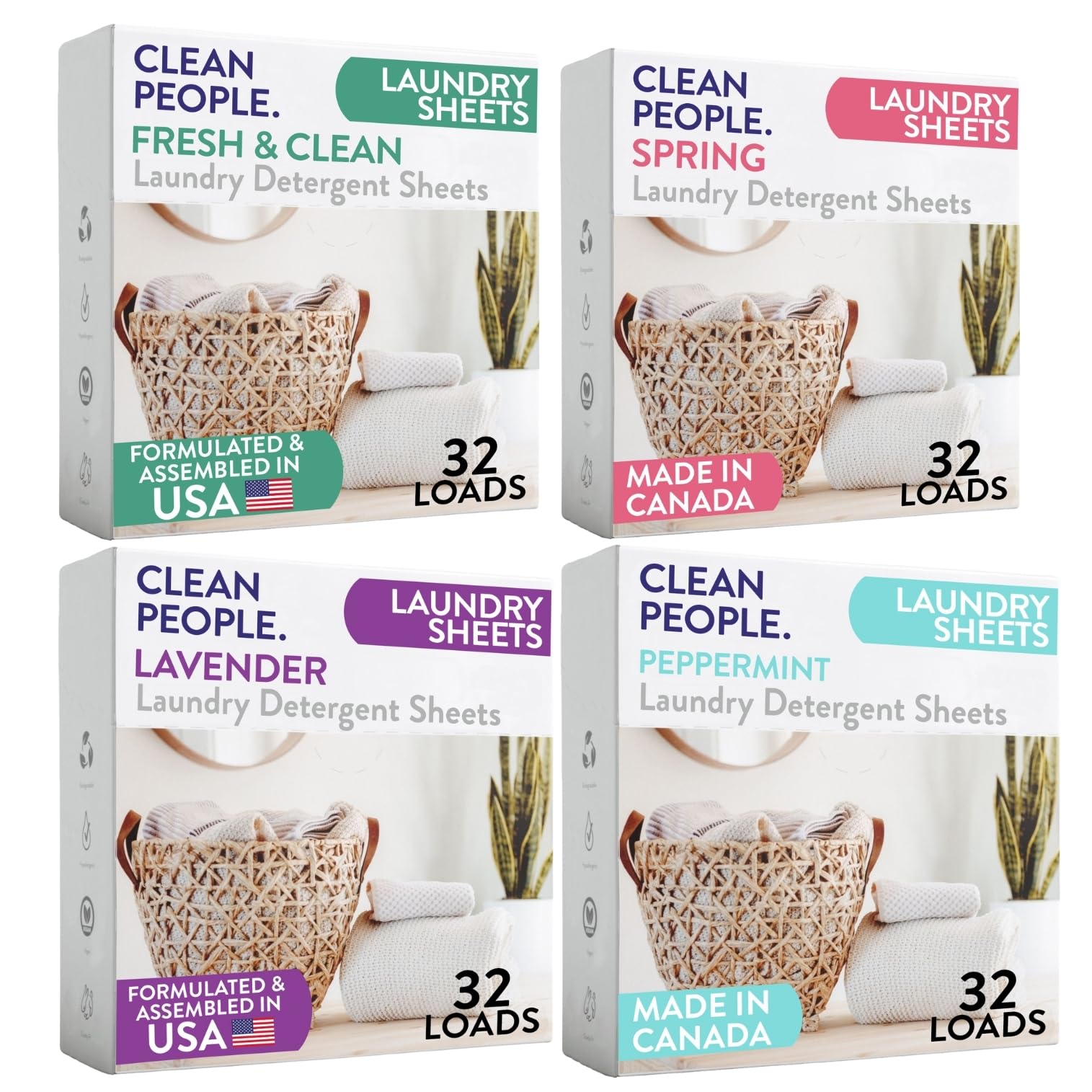 Clean People Laundry Detergent Sheets- Recyclable Packaging, Hypoallergenic, Stain Fighting, Works with All Machines including HE (128 Count, Variety Pack)