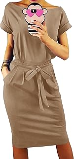 Women's Summer Short Sleeve Crewneck Striped Dress Basic Solid Tie Waist Office T Shirt Dresses Pockets - Buy now