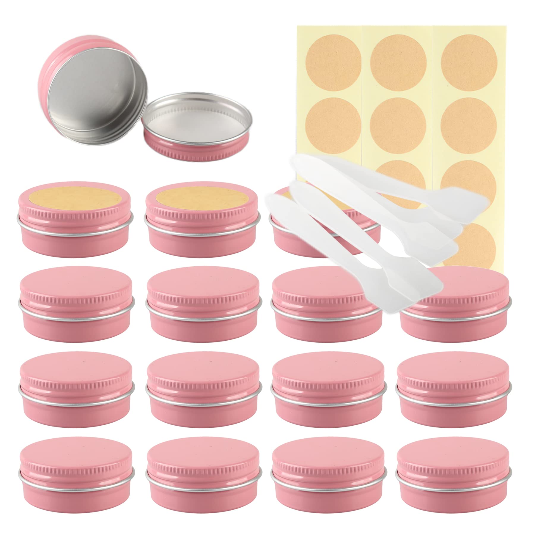 LusDoly Pack of 20 Empty 15ml Pink Aluminium Tins with Lids - Ø41x17mm Round Aluminum Screw Pots Travel Round Cosmetic Cream Container Jars for Candle Lip Balm, Salve with Spatulas & Labels