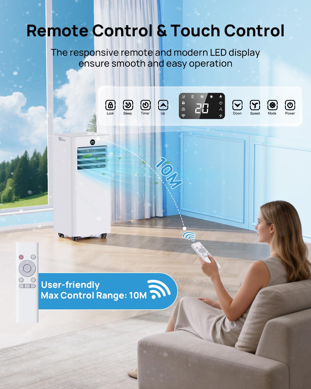 Aire Acondicionado Portatil 7000 BTU con Kit Ventana, 4 en 1 Refrigeración/Ventilador/Deshumidificador/Modo Sueño, Mando a Distancia, Temporizador 24h, Ruedas 360°, Silencioso para Dormitorio Oficina