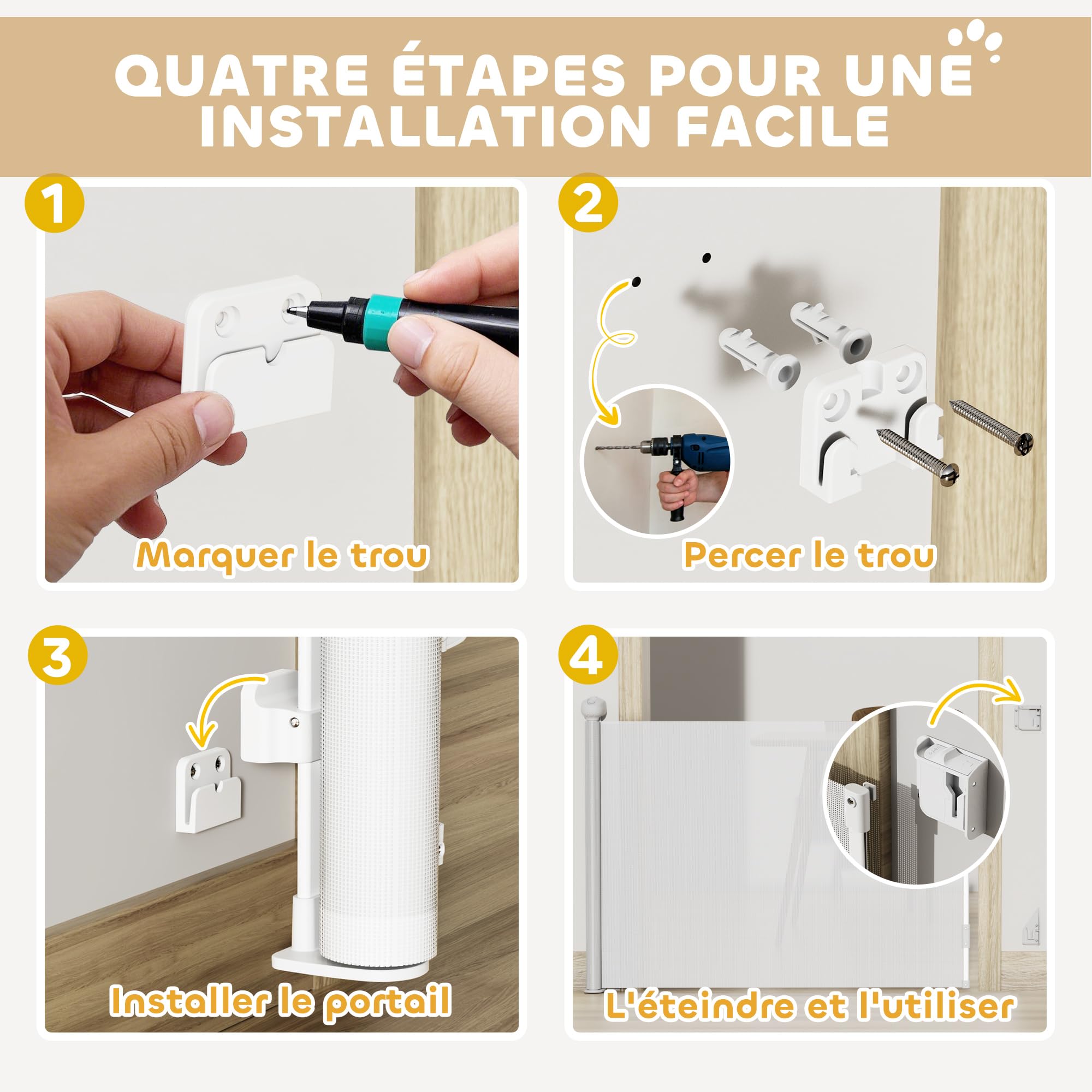 PawHut Barrière de sécurité Chien rétractable, Largeur 149 cm, Filet de Protection Extensible, barrière d'escalier et de Portes pour Chien Verrouillage Automatique, Blanc