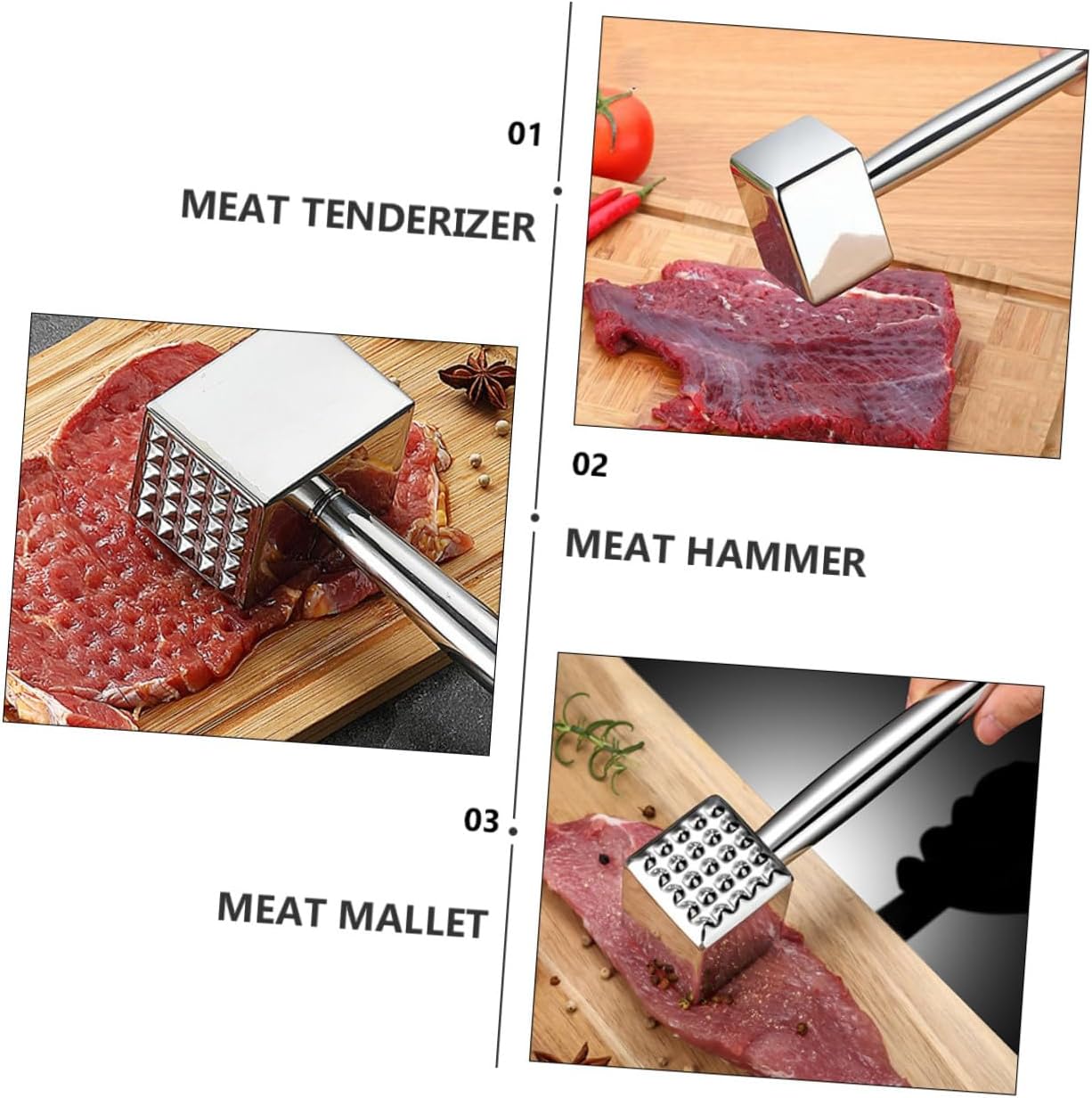 Stainless Steel Meat Pounder Hammer for Beef Pork Chicken Ergonomic Handle Rust-resistant Polished Kitchen Mallet Tenderizer Tool with Hanging for Easy Storage