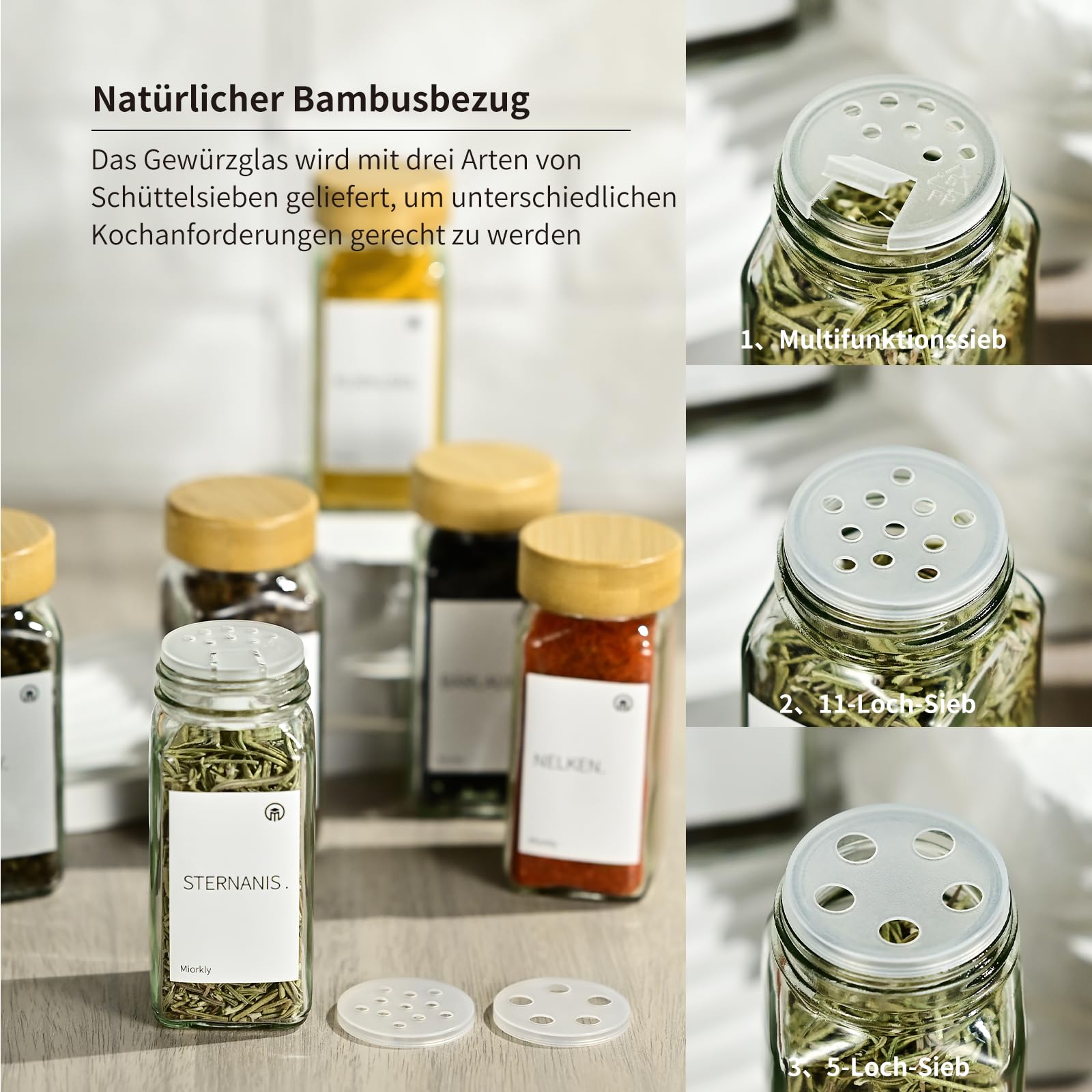 Miorkly Gewürzgläser Eckig mit Streueinsatz - 12er Set 120ml Gewürzdosen Hochwertigem Holzdeckel aus Bambus Gewürzgläser - Gewürzstreuer Glas mit Streuer-Aufsätze,Trichter,Etiketten- Spice Jars