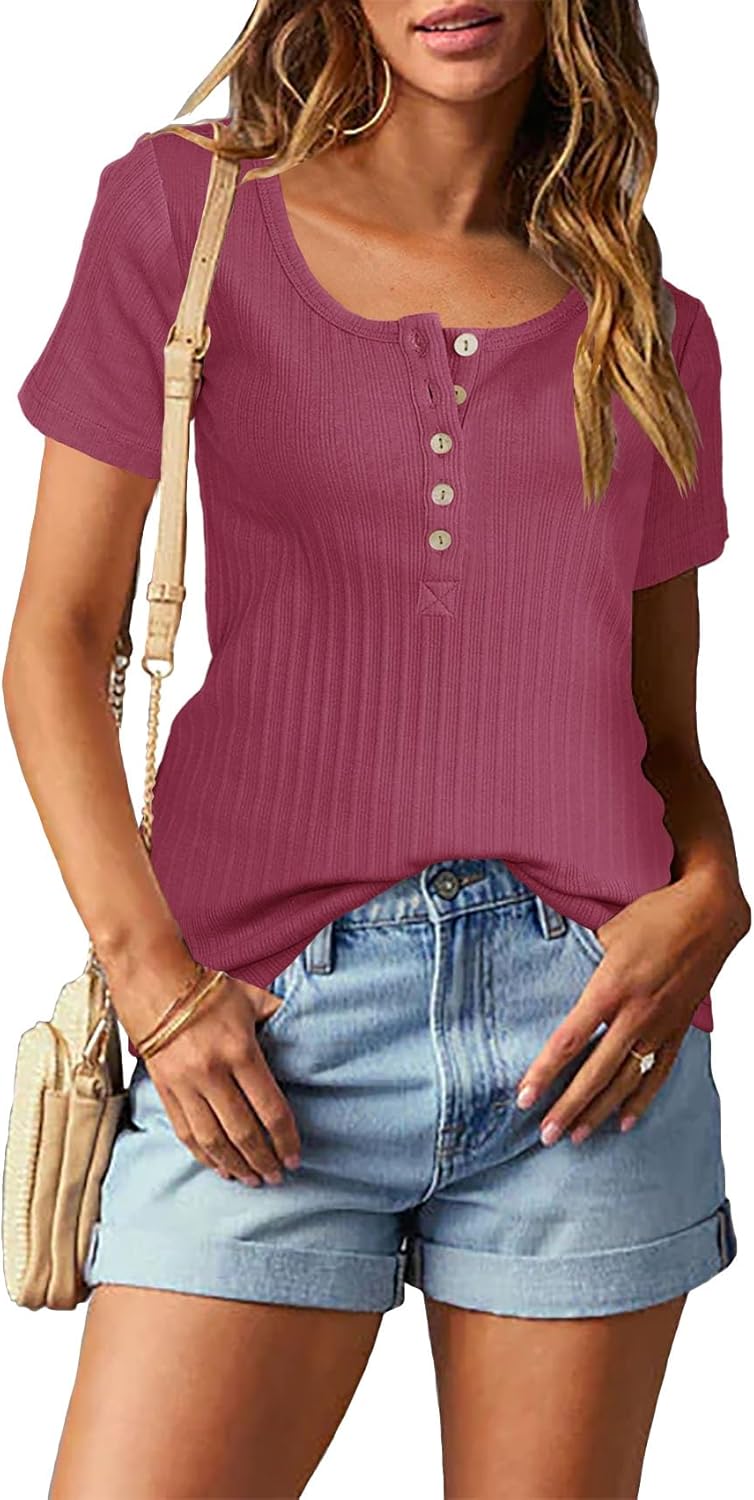 Topstype Short Sleeve Henley Tops for Women Summer T Shirts Trendy Large Pink