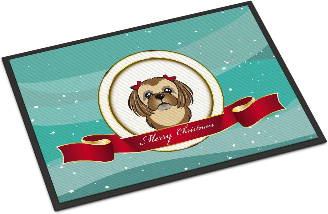 Caroline's Treasures BB1559MAT Chocolate Brown Shih Tzu Merry Christmas Doormat 18x27 Front Door Mat Indoor Outdoor Rugs for Entryway, Non Slip Washable Low Pile, 18H X 27W