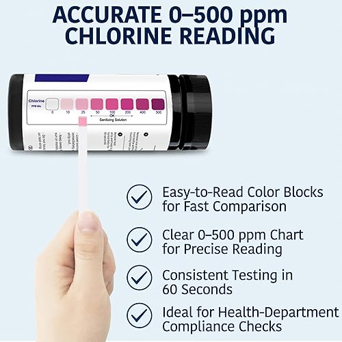Miniatura 3 de 200 tiras reactivas de cloro para servicio de alimentos de 0 a 500 ppm (paquete de valor) - Tiras de prueba de desinfectante de blanqueador para