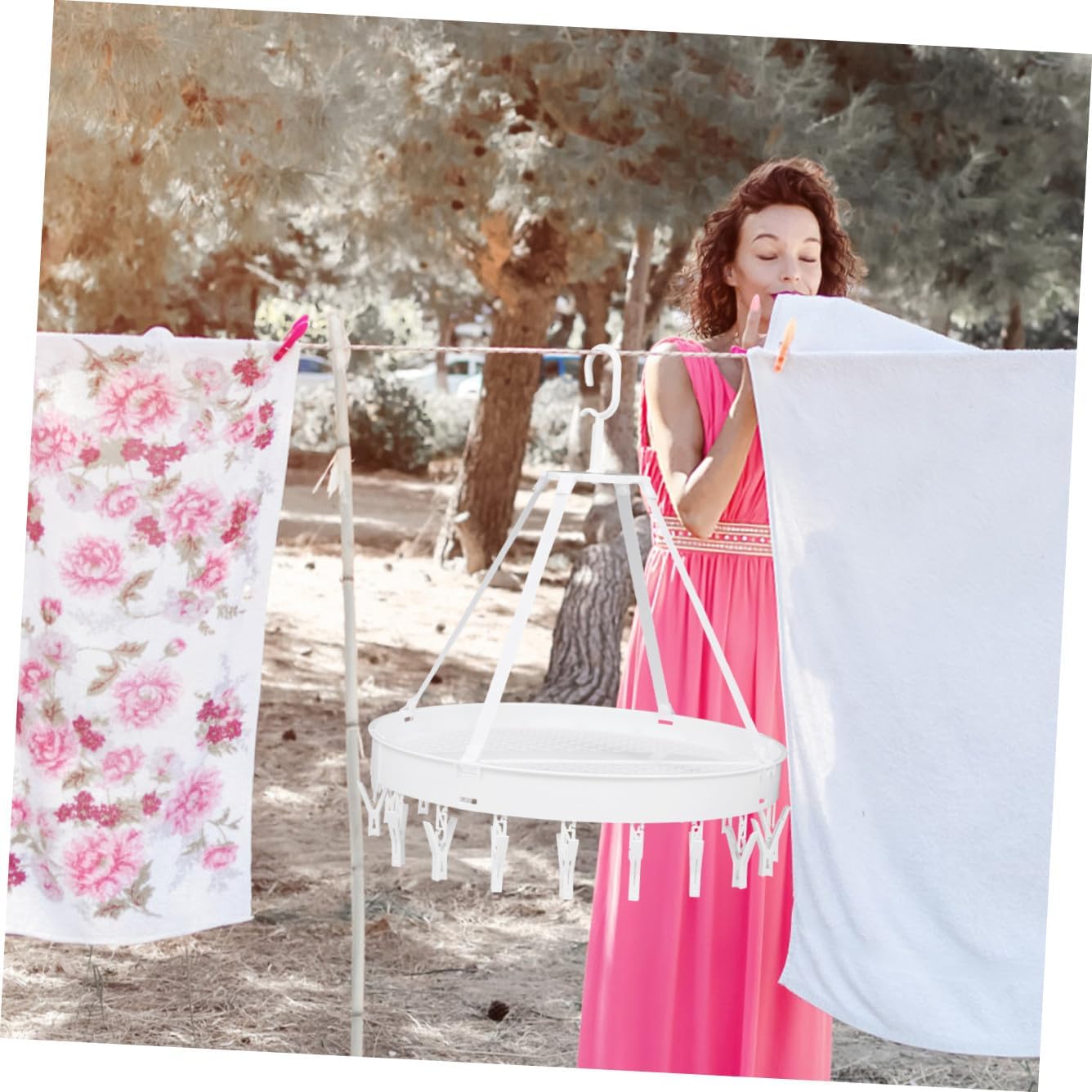 PRETYZOOM Multipurpose Foldable Clothes Drying Rack with Socks and Underwear Hooks, Single-Layer White Hanger for Indoor Balcony Laundry Organization