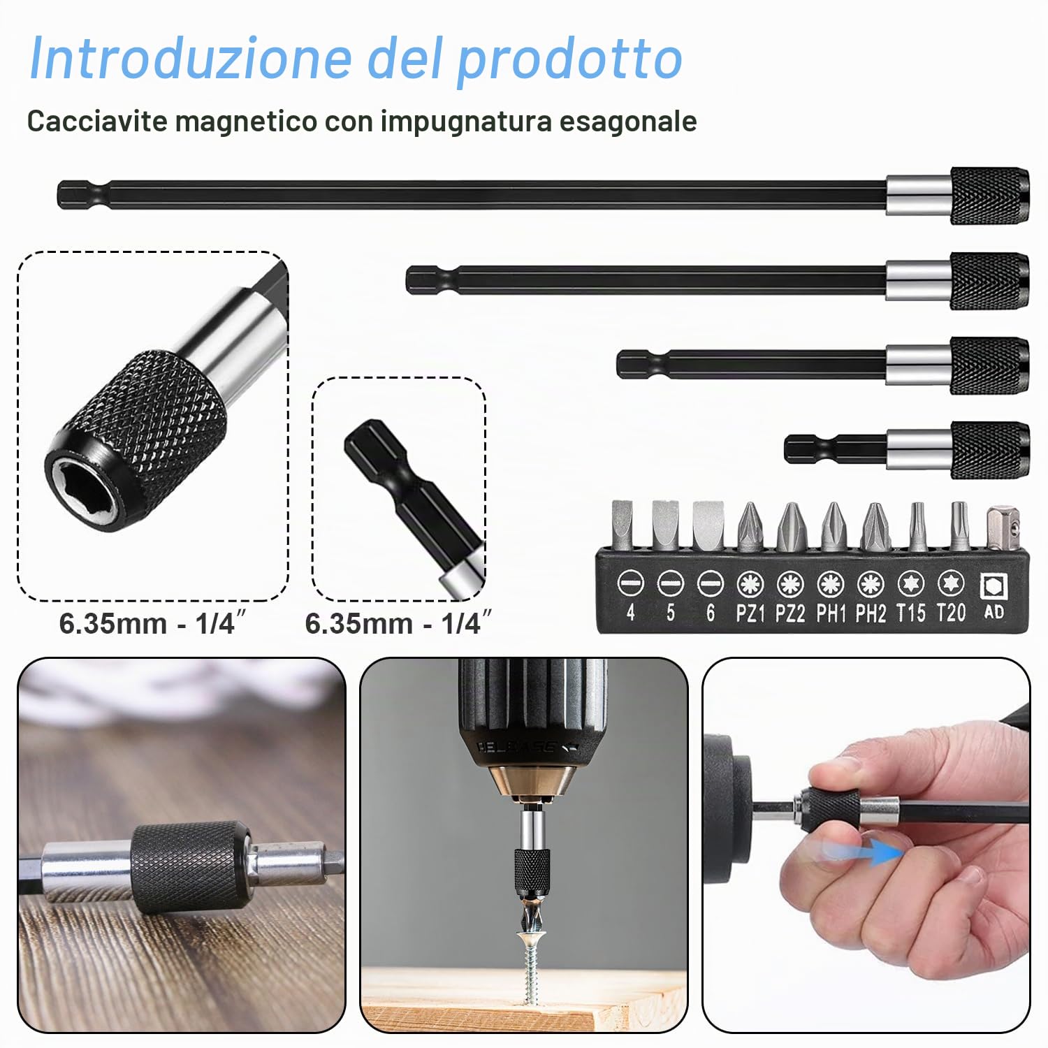 14 estensori per trapano, in acciaio legato, 60/100/150/300 mm, supporto per punte per cacciavite 1/4, trapano magnetico con attacco esagonale, prolunga per punta per cacciavite a batteria (nero)
