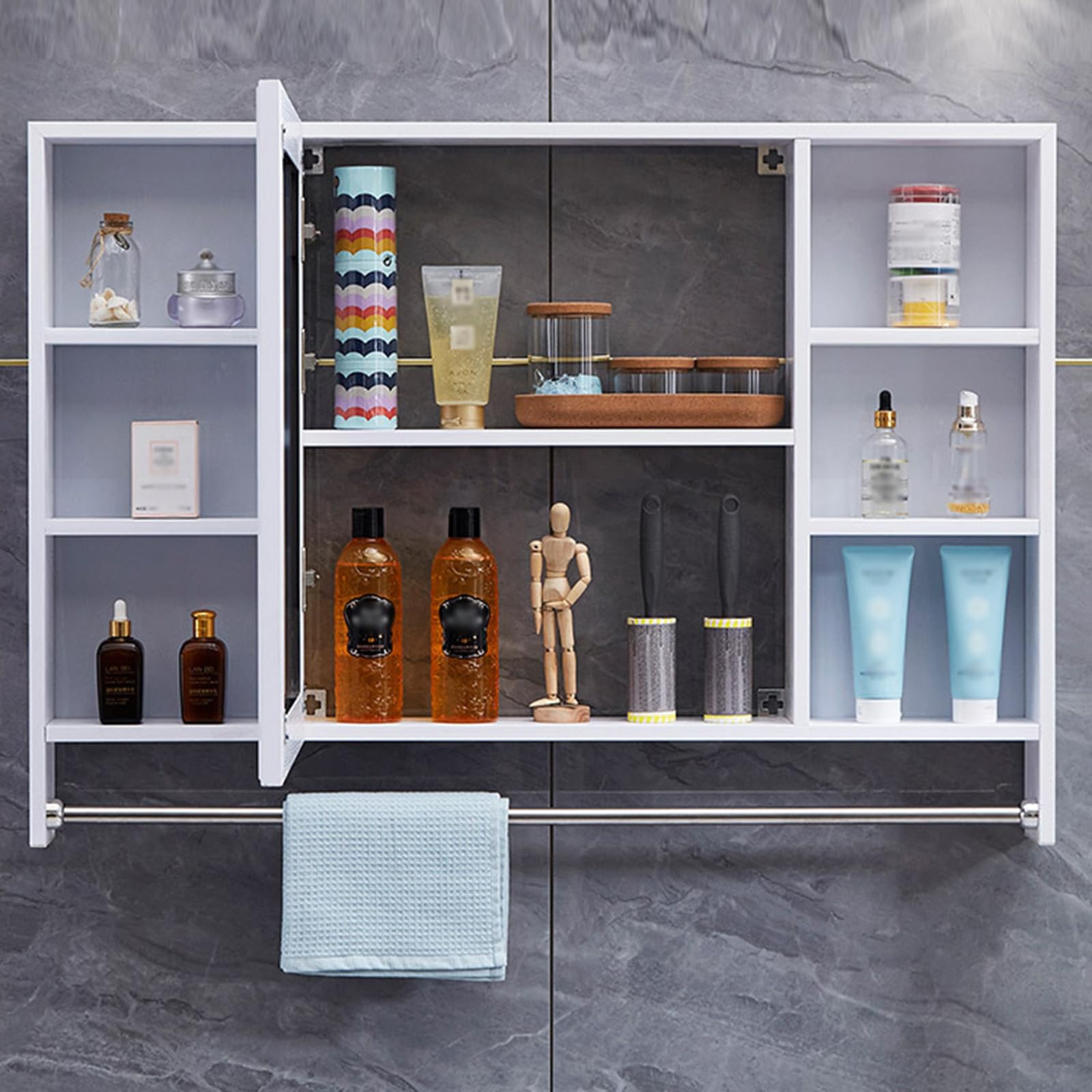 Armario retro con espejo de baño – Almacenamiento abierto de pared doble estante material de fibra de carbono HD especial vidrio elegante gabinete de medicina de baño para espacios modernos.