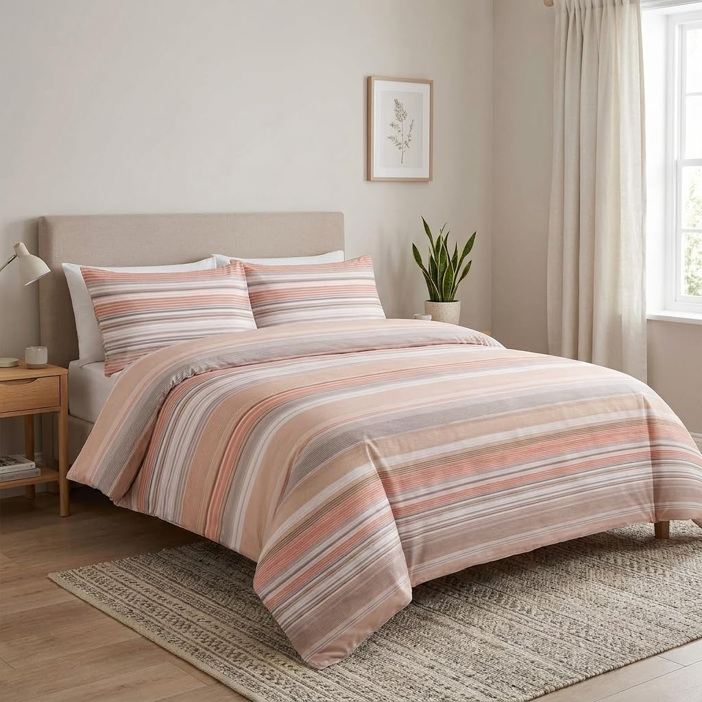 M&J Home 3 Piece Double Duvet Cover Set, Chic Stripe Natural, Polycotton Blend 132 Thread Count, OEKO-TEX Certified, Easy-Care, Includes Duvet Cover & 2 Pillowcases