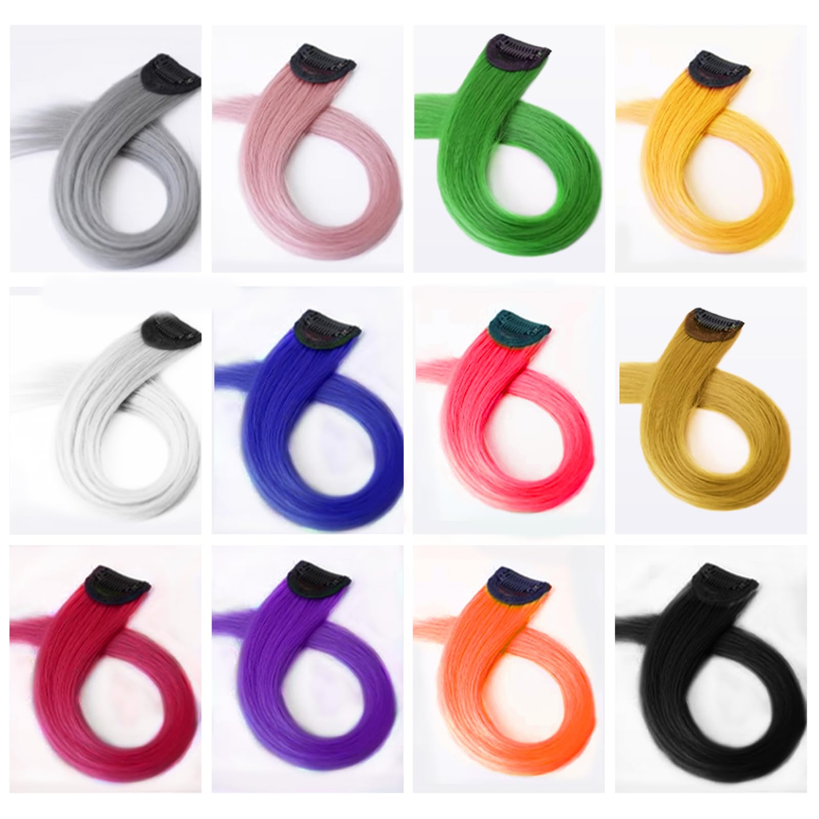 YALLOVE Assorted Color False Hair Clips, 12 Pcs Wig Extensions Long Straight Synthetic Hairpieces for Women Girls