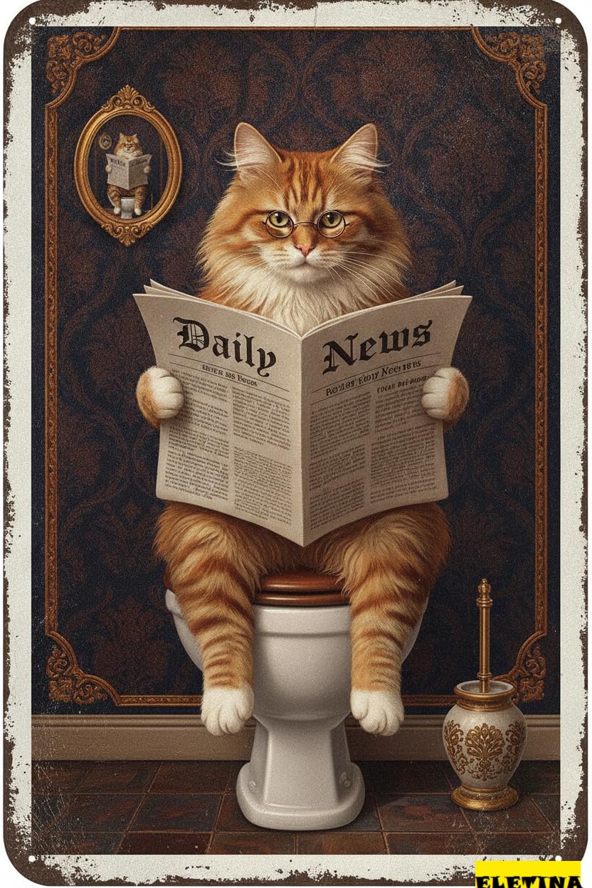 Personalized Sign for Man Cave Metal Tin Vintage Cat Toilet Reading Newspaper Humour Funny Animal Whimsy Animal Home, Bathroom And Toilet Wall Decor 12x8 Inch(822) Private Property Decorative