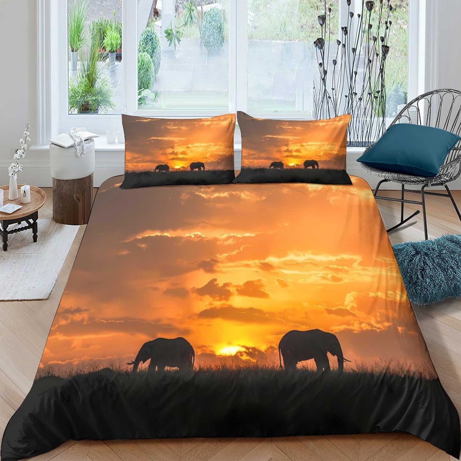 Ctjqhvkz Style-4 3D Printed Sunset Savannah Fitted Sheet Microfiber Soft Elephant Bed Cover Anti-Slip Machine Washable For Bedroom Decor Single（135X200cm）