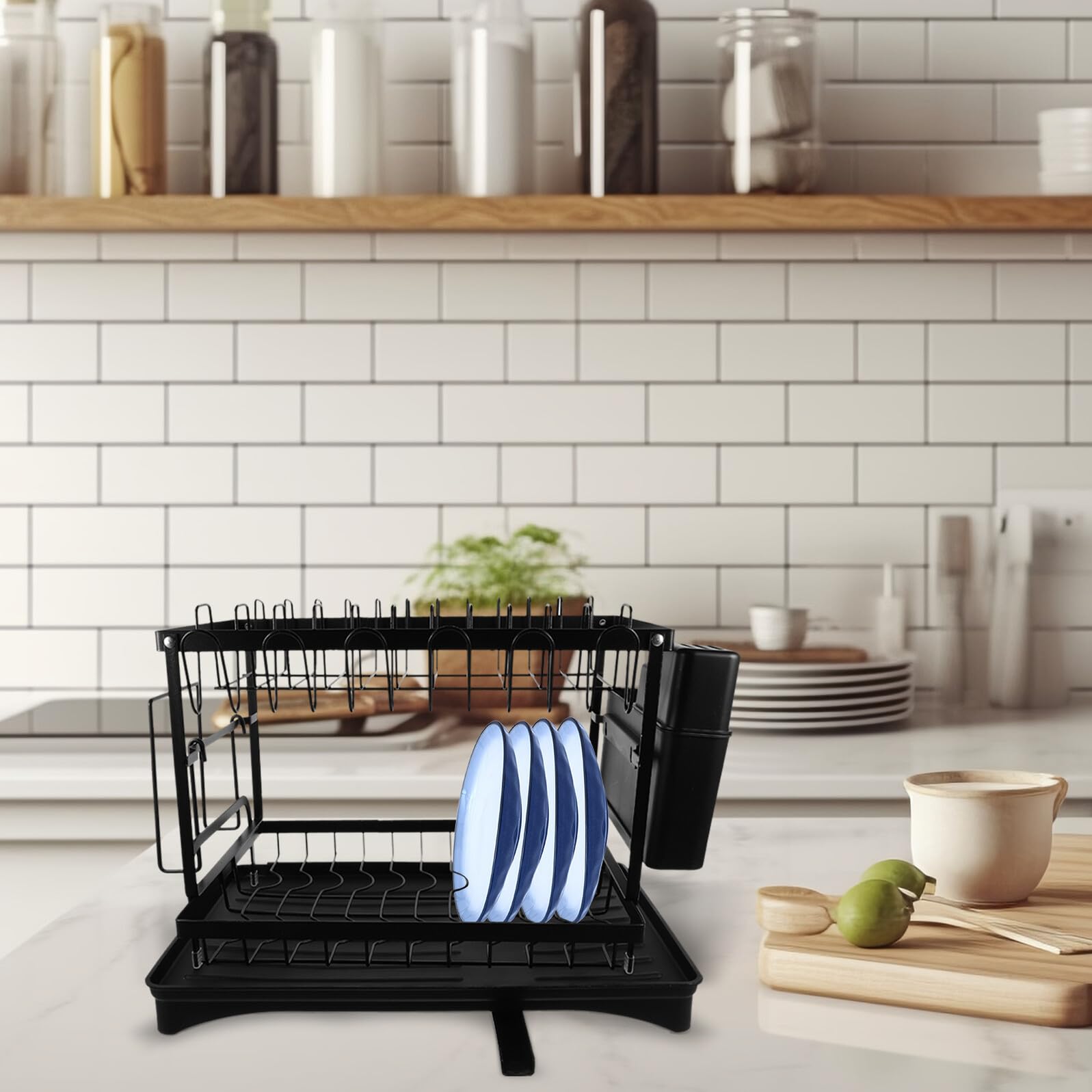 MAGICLULU 1 Set Égouttoir à Vaisselle Porte-couverts et Pot en Acier Carbone, Plateau Égouttoir Amovible, Design Compartimenté, Maintien des Bols Secs et Propres Cuisine