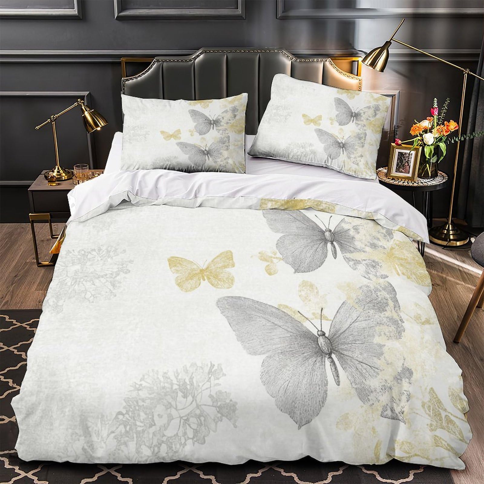 Parure housse de couette papillon 3D vintage drap de couette 220x240cm avec 2 taies d'oreiller