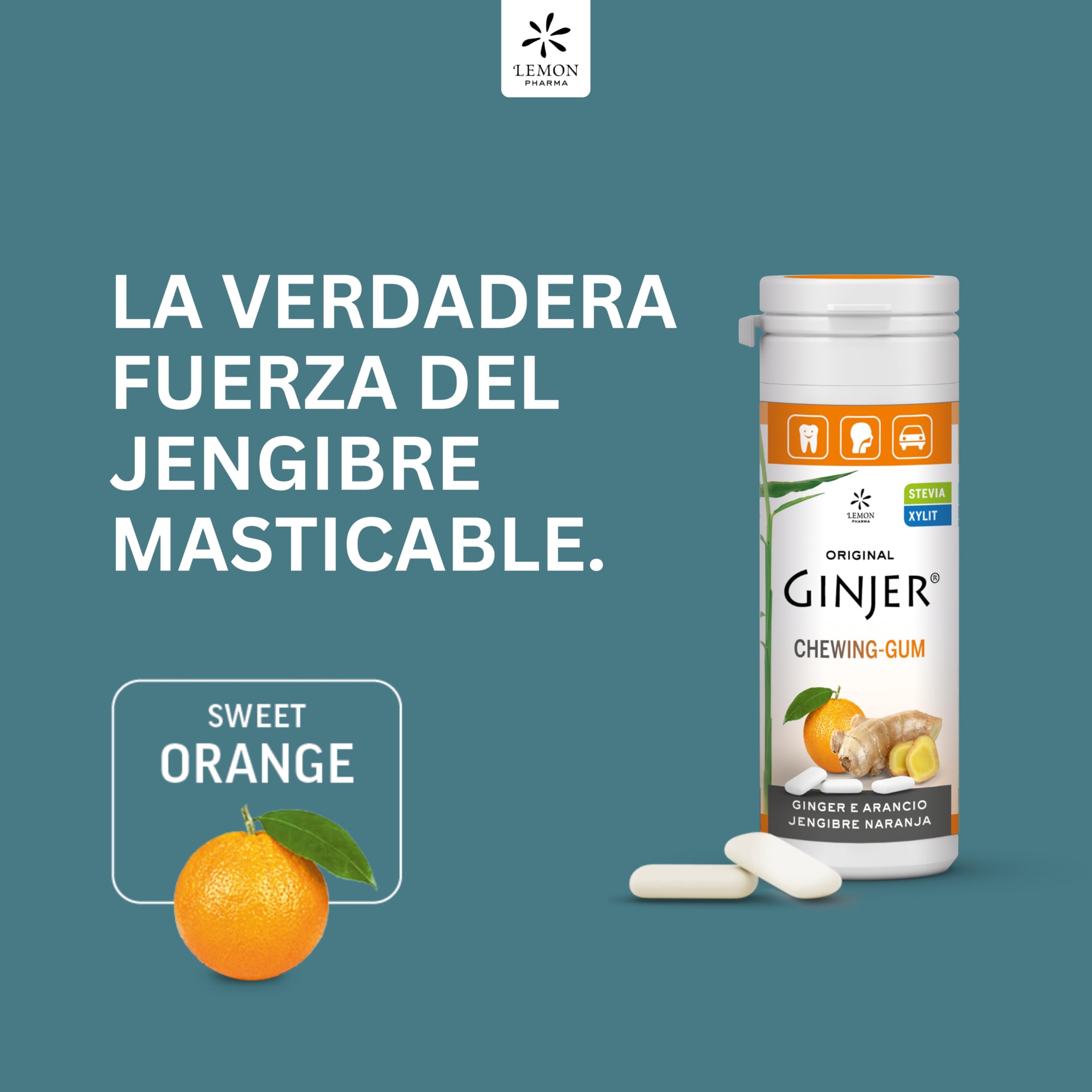 Lemon Pharma GINJER® Chicles de Jengibre-Naranja 30 g goma de mascar vegana sin azúcar