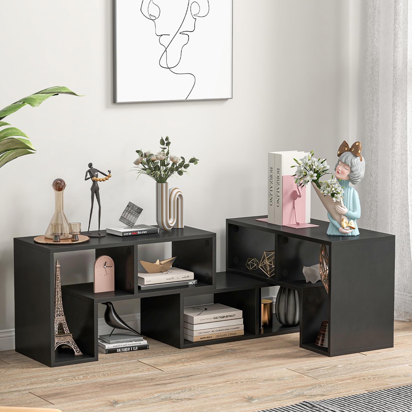 GIANTEX Fernsehschrank TV Schrank frei kombinierbar, Fernseher Regal Holz 180x30x43 cm, Sideboard TV Board Lowboard modular 3 teilig, Fernseher Schrank Fernsehtisch für 65 Zoll Fernseher, Schwarz