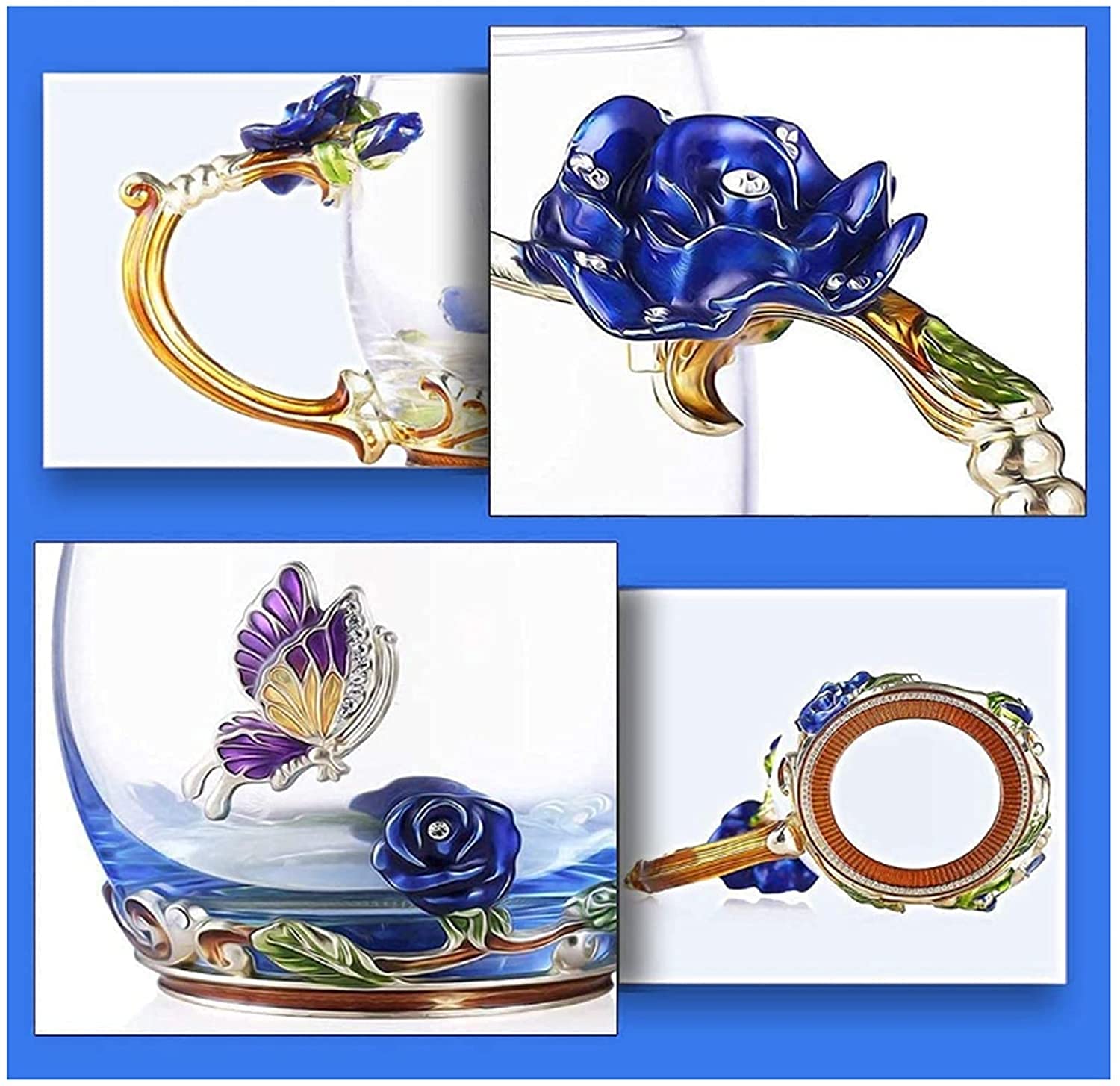 Kaffeetassen aus Glas mit Blumenmotiv, Emaille-Glastasse, Emaille-Blumen-Teeglas, Kaffeetasse, Glastasse, Teetasse aus blauem Rosen-Emaille-Kristall, Kaffeetassen aus Glas mit Blumenmotiv, Schmetterli