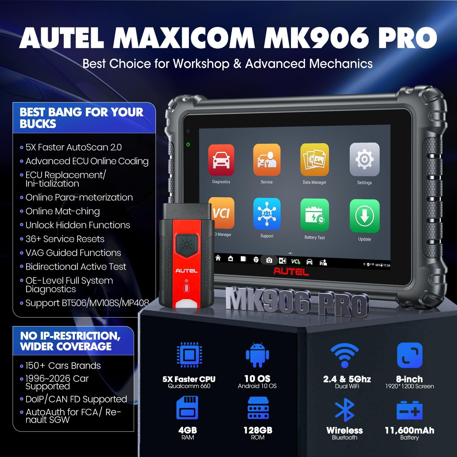 Autel MaxiCOM MK906 PRO Diagnosis Coche, 2026 ECU Superior Elite, CAN FD DoIP, OS10, 2.0 MS906BT MP900BT MP900 MS908S, 3K+ Prueba Bidireccional, OE All Sys, 36+ Servicio, AutoScan 2.0, Igual MS906 Pro