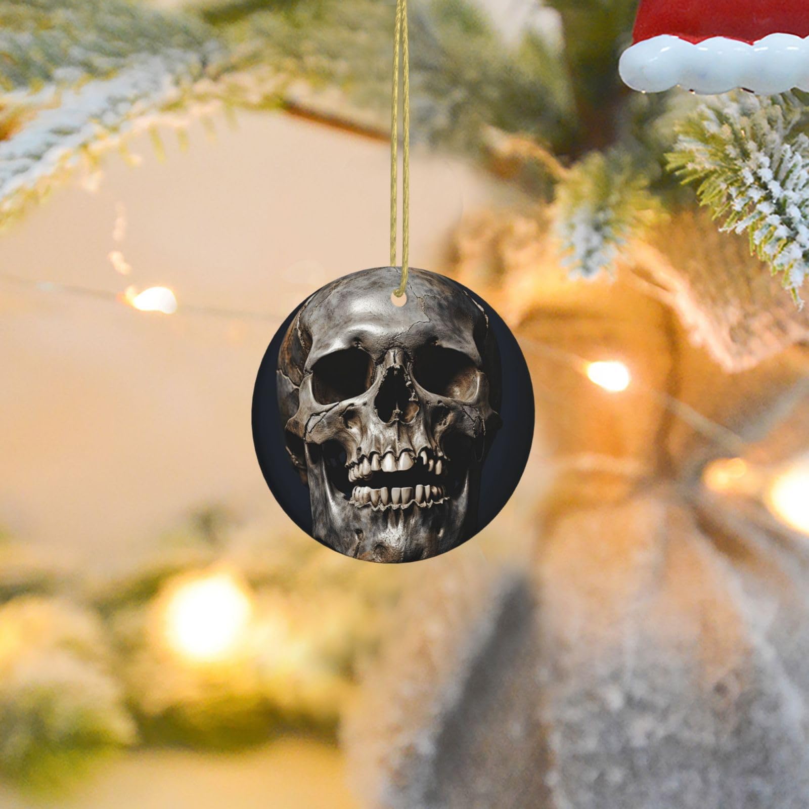 Christmas Ornaments for Christmas Tree Decoration Ceramic Hanging Death Skull Ornament with Gold Ribbon Crafts Round Pendant for Keepsake Gifts Glass Xmas Decor Party Supplies