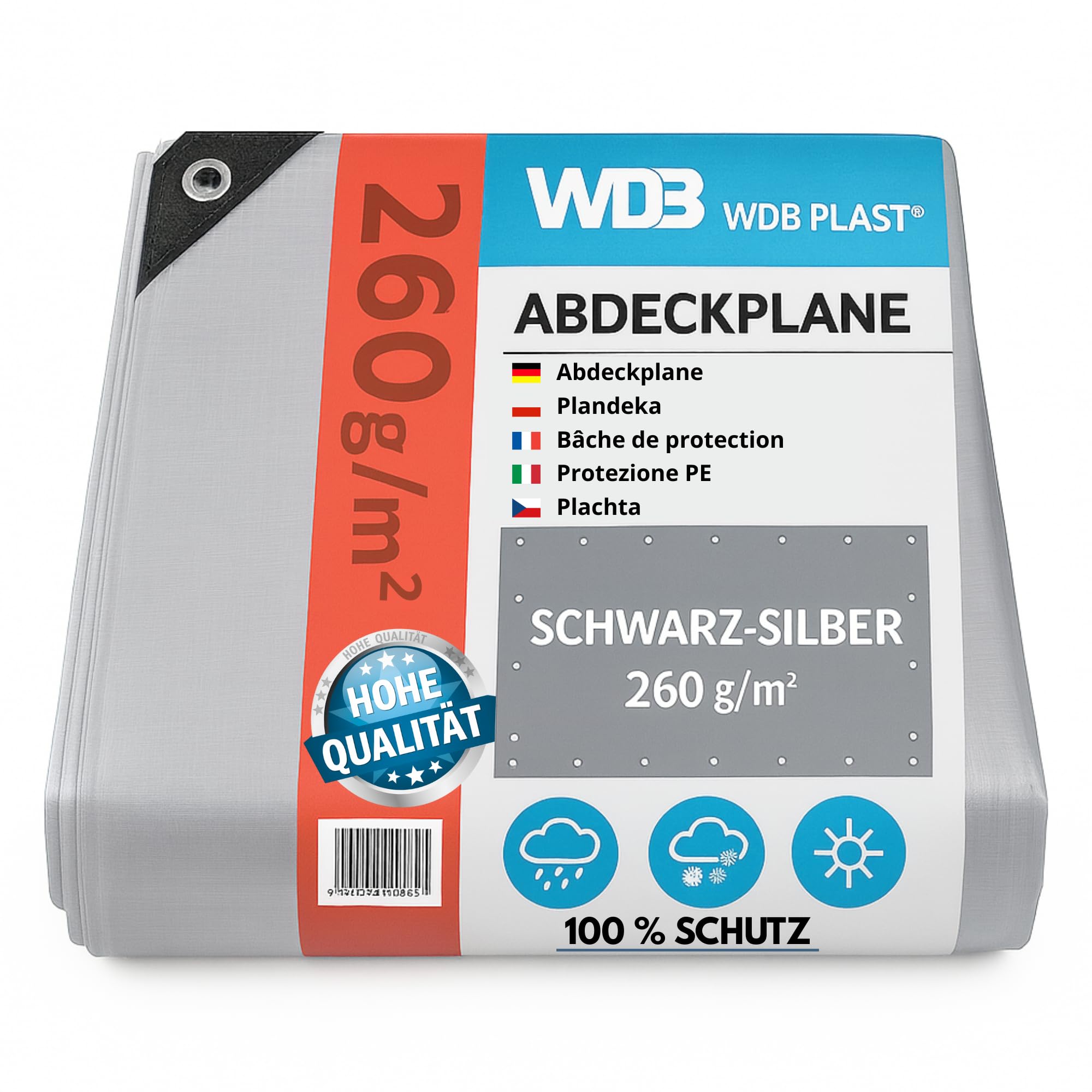 WDB - Plandeka okryciowa wodoszczelna – plandeka z oczkami – plandeka z tkaniny | Plandeka ochronna na wszystkie warunki atmosferyczne – odporna na rozerwanie – odporna na zimę – plandeka 260 g/㎡ – 4 x 6 m