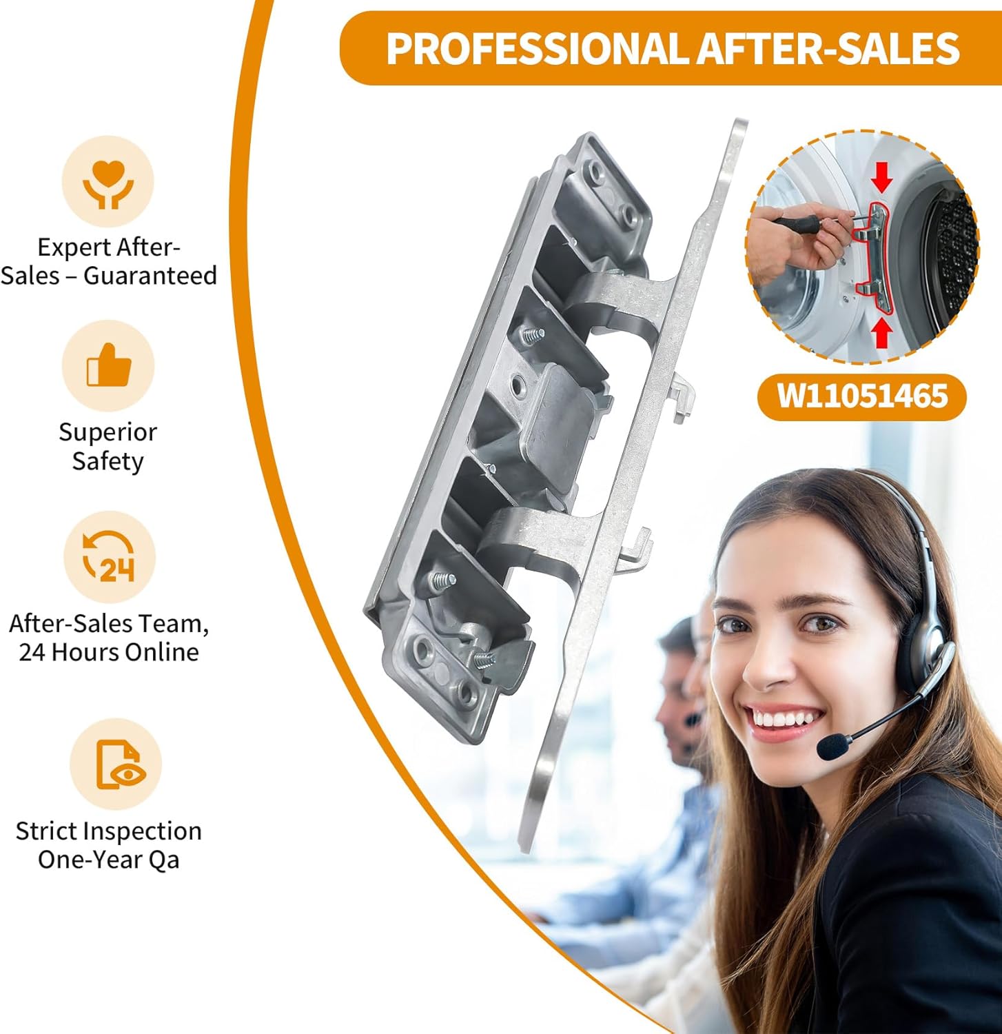 Upgraded W11051465 Dryer Door Hinge Assembly Replaces W10208414 W10208415 4461969 AP6041529 PS11775346 FIX11775346 etc Models, Compatible with Whirlpool, Maytag etc Dryer, 2-Year Warranty, OEM