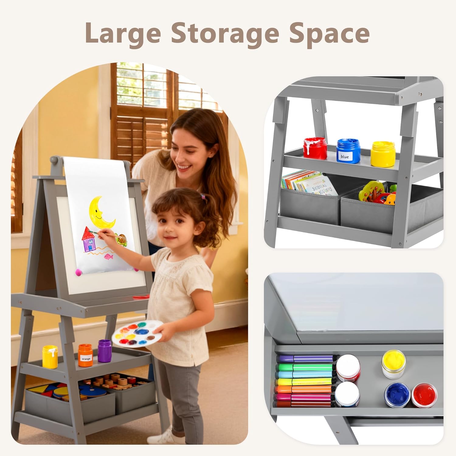 Kinder King 3 in 1 Kids Art Easel w/Storage, Double-Sided Magnetic Whiteboard & Chalkboard, Dry-Erase Board w/Paper Roller, Toddler Children Standing Easel for Painting & Drawing, Accessories(Grey)