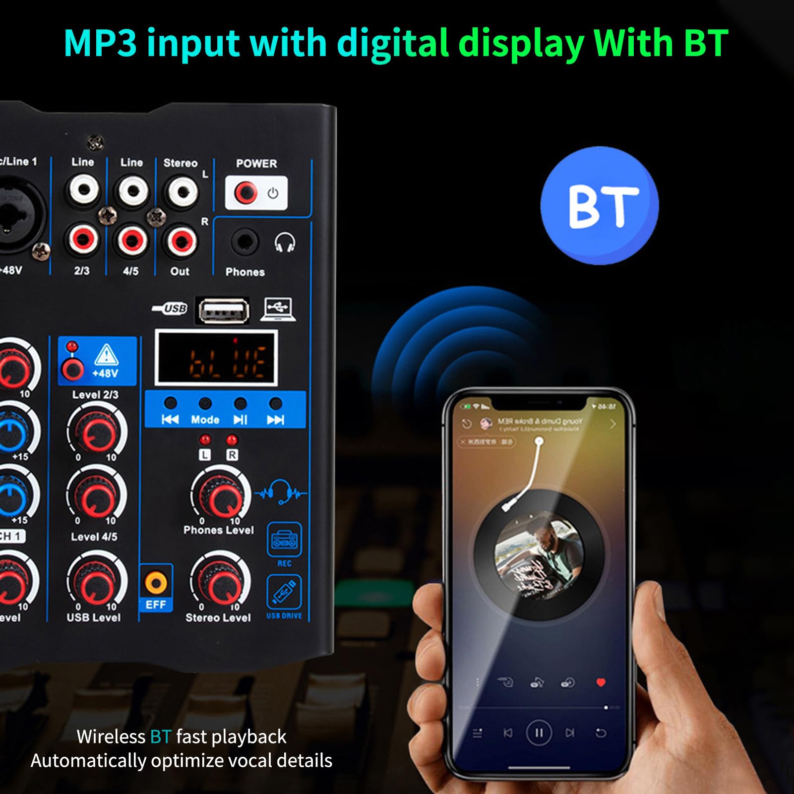 HUIOP Mixer audio professionale con doppio microfono wireless,interfaccia del sistema console della scheda audio Mixer DJ a 4 canali,adatto per altoparlante per chitarra PC DJ Karaoke,Mixer Audio Per
