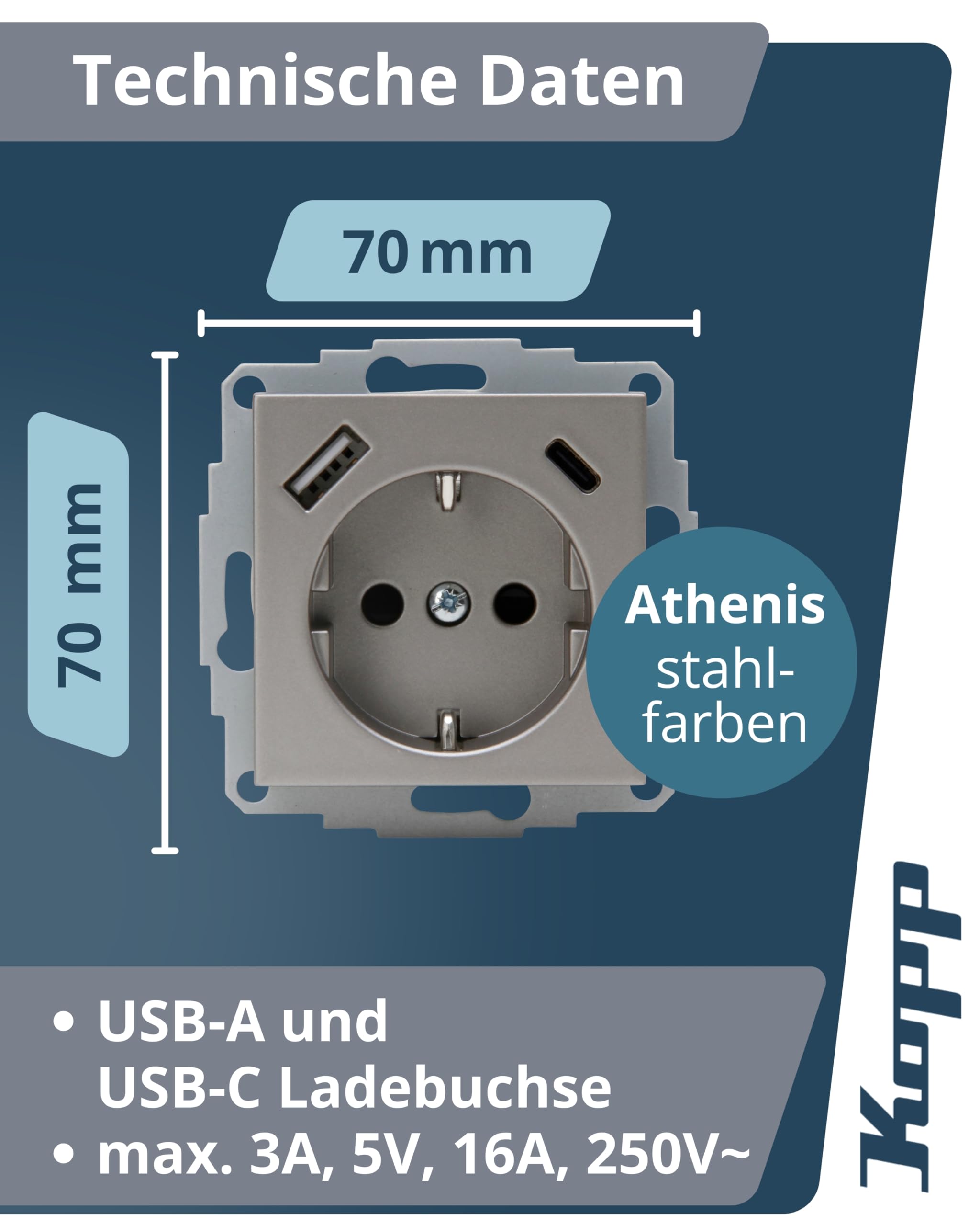 Kopp ATHENIS Unterputz-Steckdose mit USB A & USB C in Stahlfarben – Schutzkontakt-Steckdose mit integrierten Ladebuchsen – 16 A / 250 V~ IP20 – Steckklemmen & erhöhter Berührungsschutz