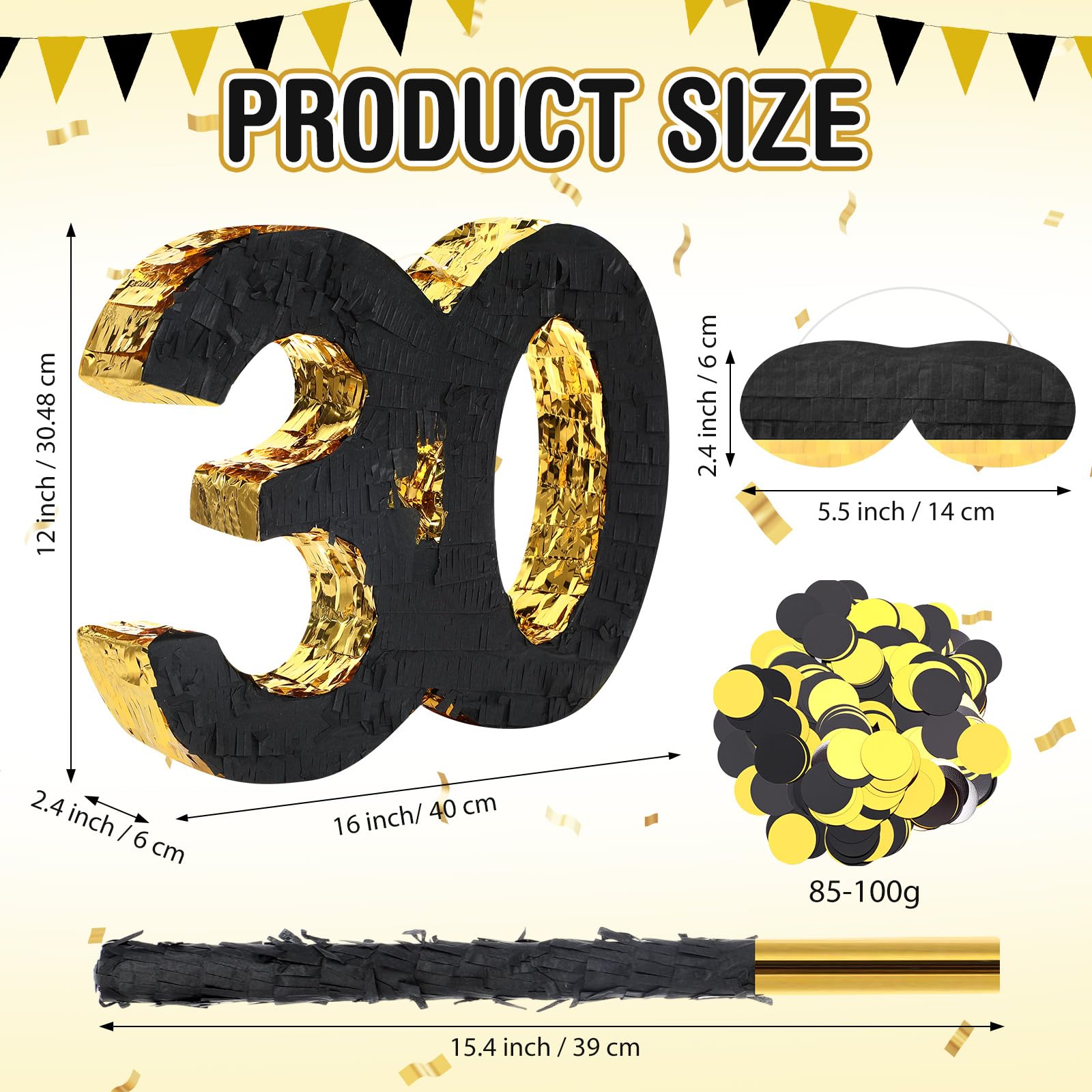 Gemscream Piñata de cumpleaños número 30 de 16 pulgadas con palo de piñata, confeti vendado para hombres y mujeres, regalos de fiesta de 30 cumpleaños, decoraciones de aniversario