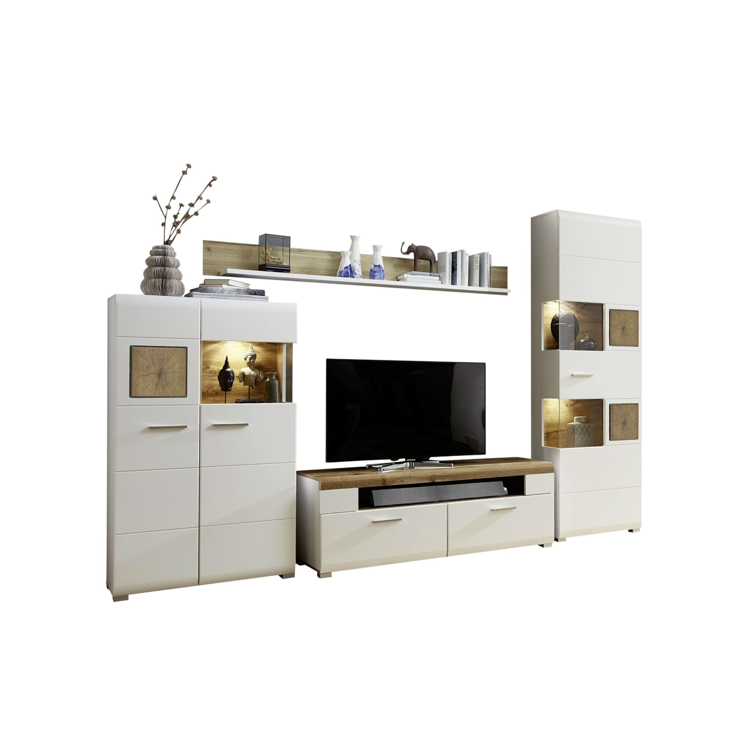 Stella Trading Fun Plus Wohnwand Komplett-Set mit schönen Hirnholz-Applikationen & Eiche Dekor - Moderne Schrankwand für Ihr Wohnzimmer - 325 x 205 x 47 cm (B/H/T)