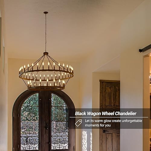 Miniatura 10 de Wagon Wheel - Candelabro de 6 luces para comedor lámpara de madera redonda con pantalla de cristal lámpara de techo colgante rústica para sala de