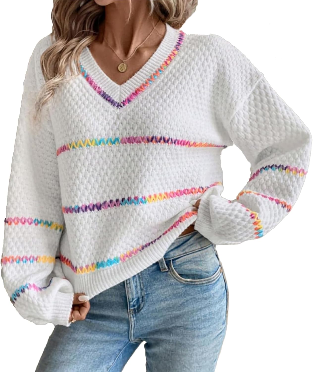 Bi&Yamigeo Oversized Colorful Striped Sweater for Women Fall Loose Knitted V-Neck Long Sleeve Drop Shoulder Pullover Tops