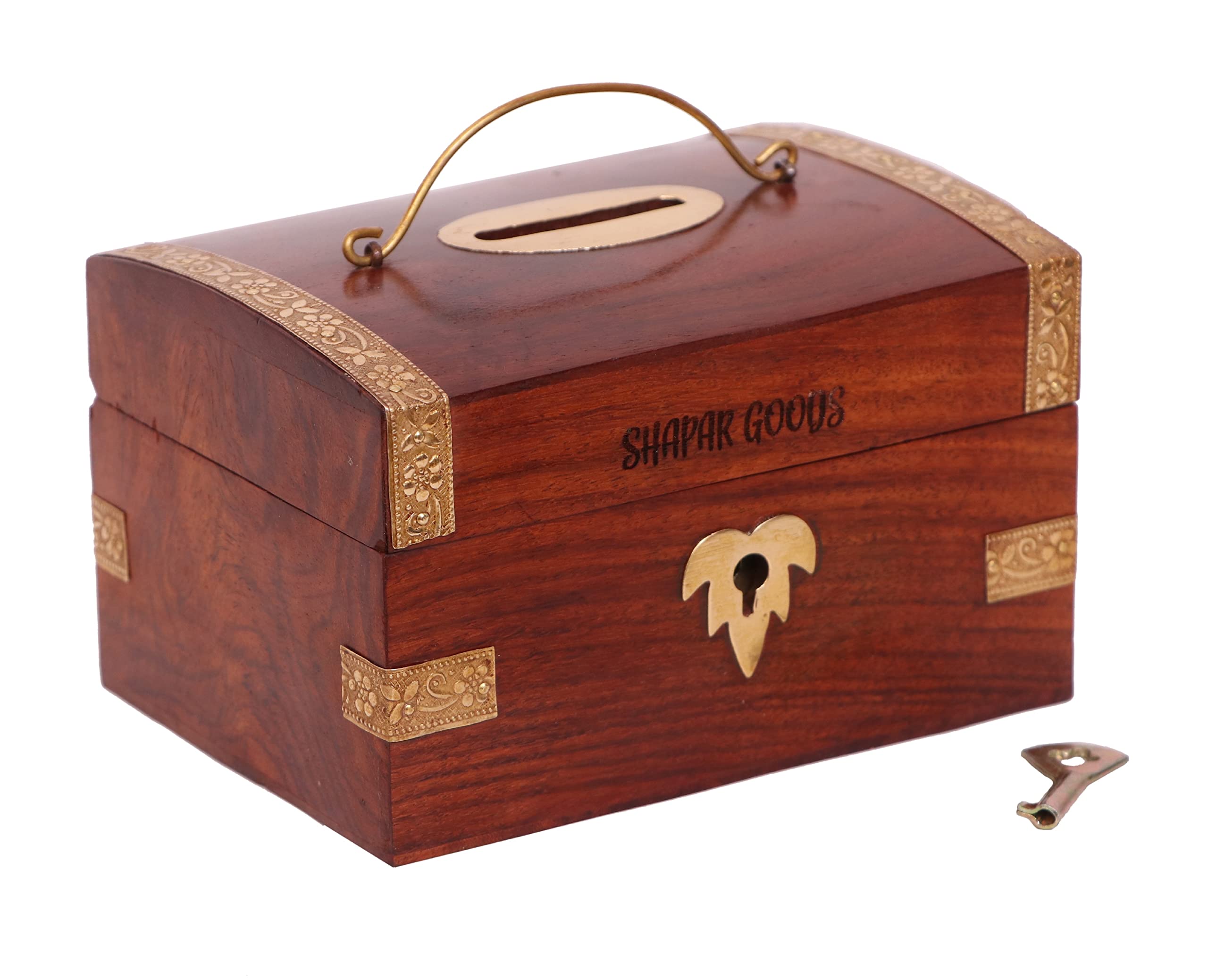 Wooden Mini Sandook Money Bank | Wooden Mini Sandook Coin Box | Handcrafted with Beautiful Brass Work | Money Bank for Kids | Size: 13 X 9 X 8 Cm