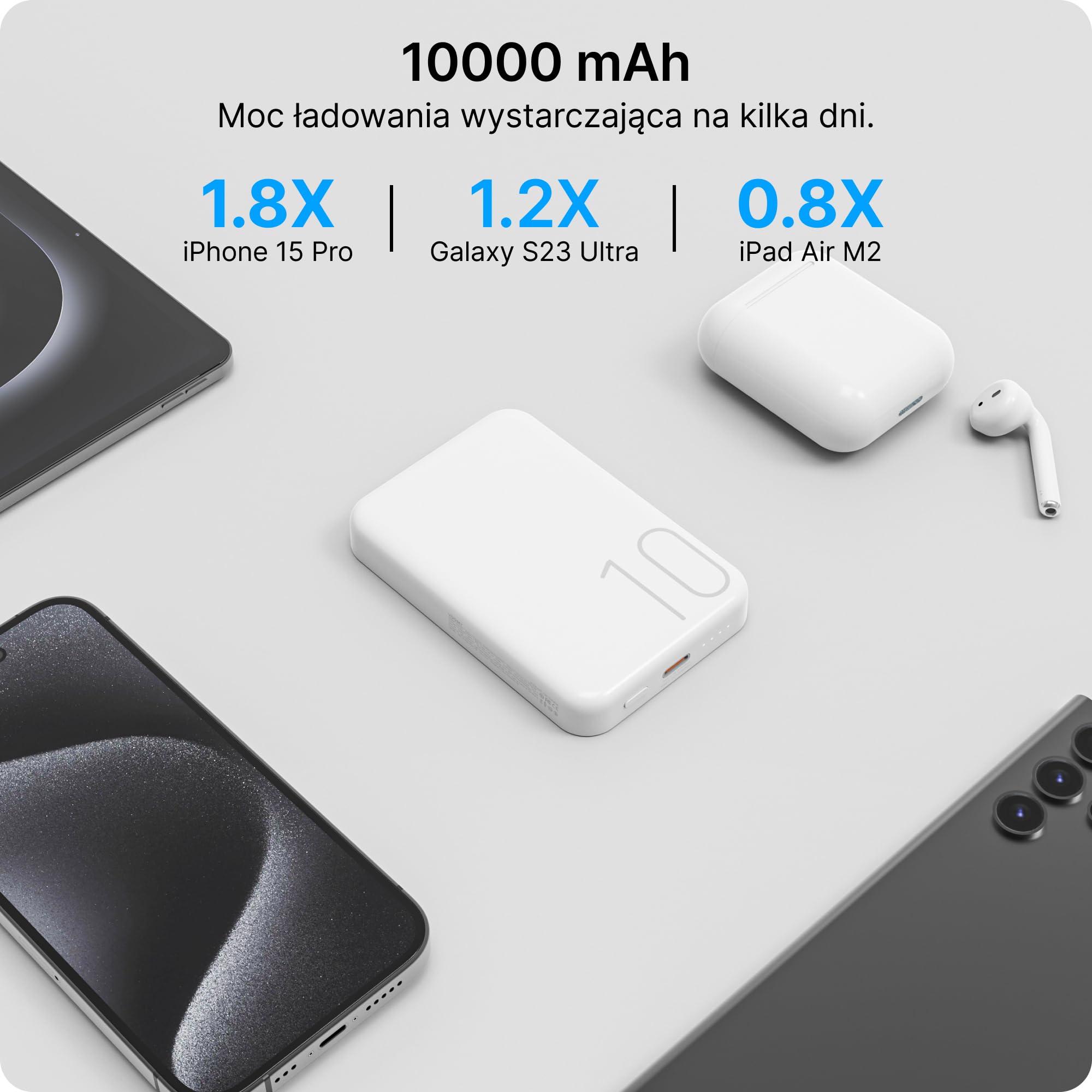 VOOMY Powerbank bezprzewodowy 10000 mAh, magnetyczny Powerbank z wejściem i wyjściem USB C, kompaktowy bezprzewodowy power bank, biały