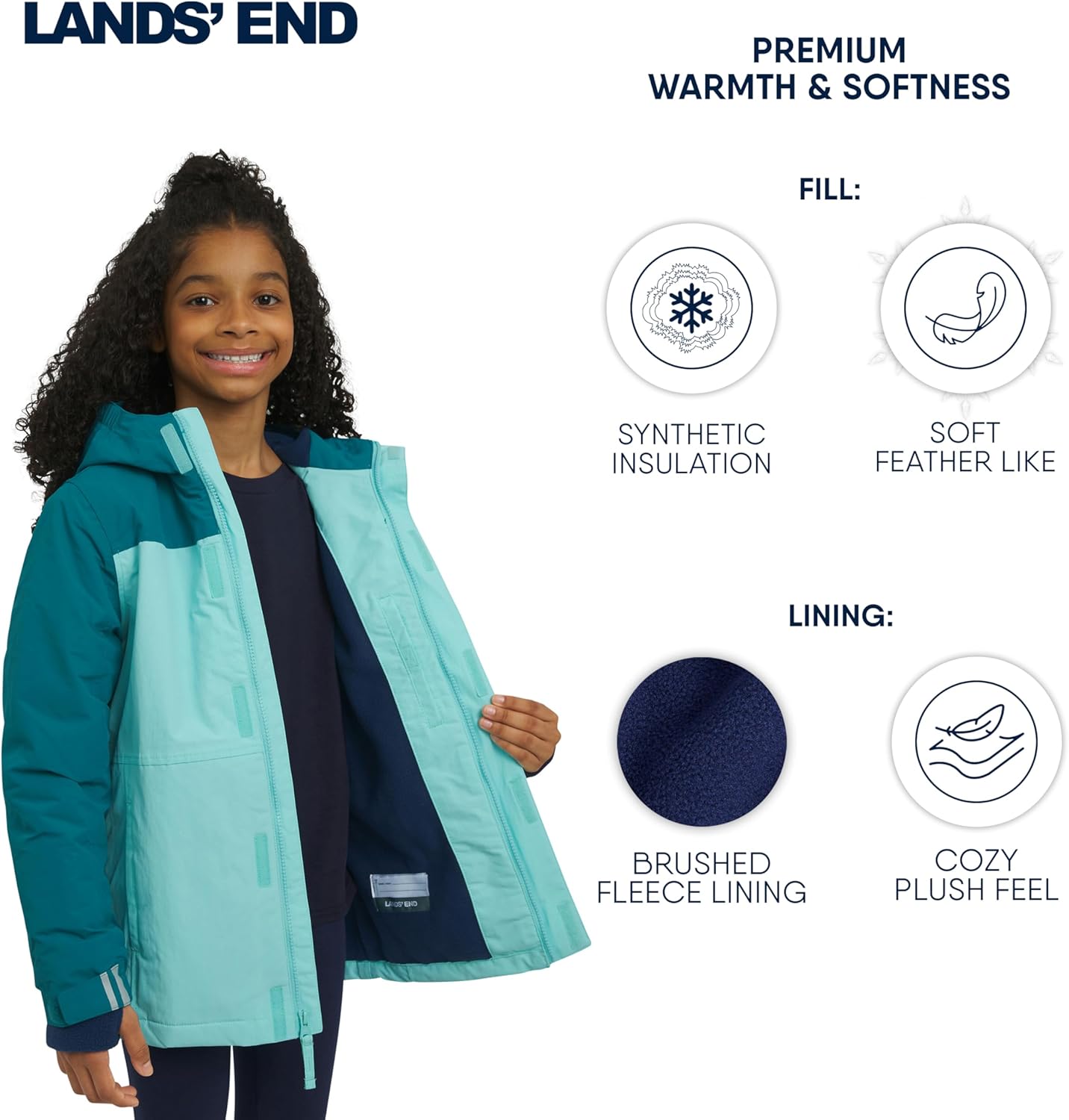 Lands' End Girls' Squall Waterproof Fleece Lined Insulated Jacket