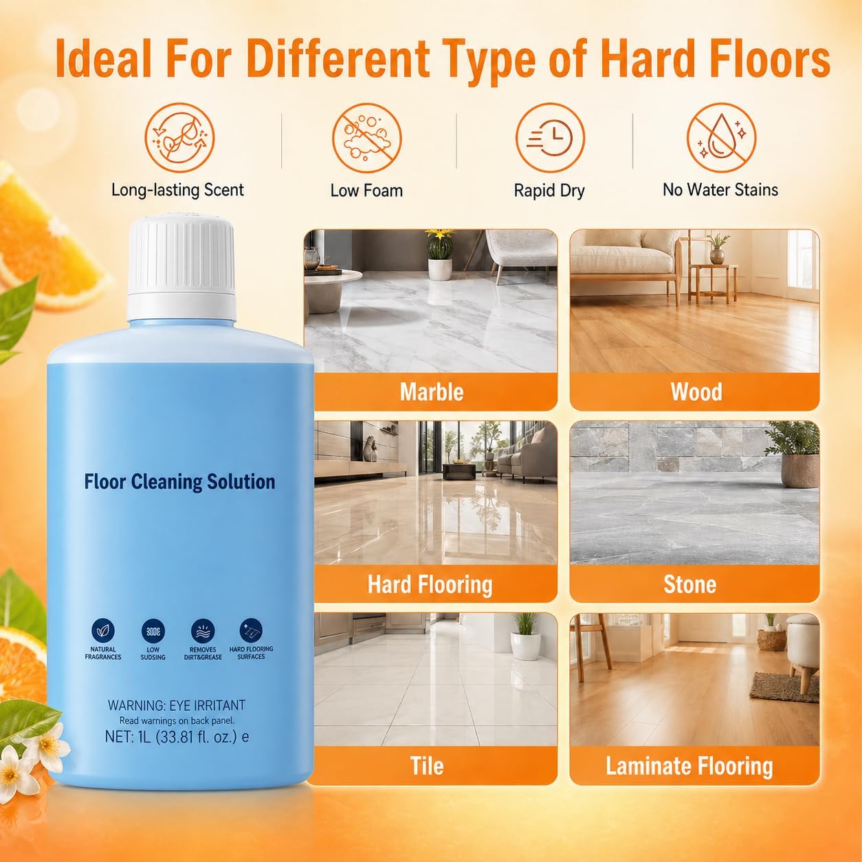Floor Cleaning Solution Compatible with Roborock Cleaning Solution, Residue & Streak Free, Suitable for All Robot Vacuum Cleaners and Wireless Wet Dry Dual-Use Vacuum Cleaners (Orange)