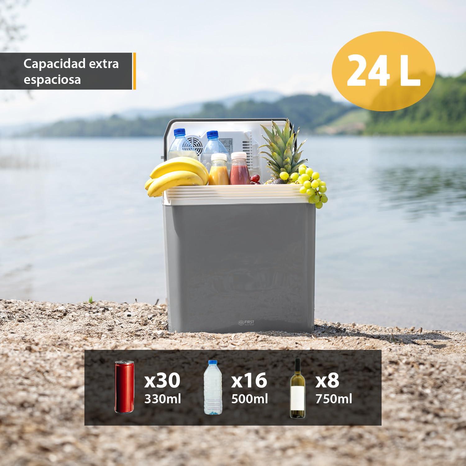 TZS First Austria - Nevera portátil 24L eléctrica 12V 230V enchufe para coche y estándar - Frigorífico termoeléctrico enfría y calienta - Coolbox con asa - Para camping, festivales, viajes - Gris