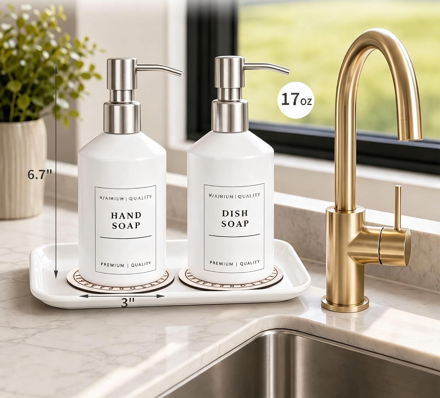Hand and Dish Soap Dispenser with 304 Stainless Steel Pump 17oz Glass Soap Dispenser Set with Quick-Dry Diatomite Soft Mat Upgrade for Your Kitchen and Bathroom 2 Pack (White)