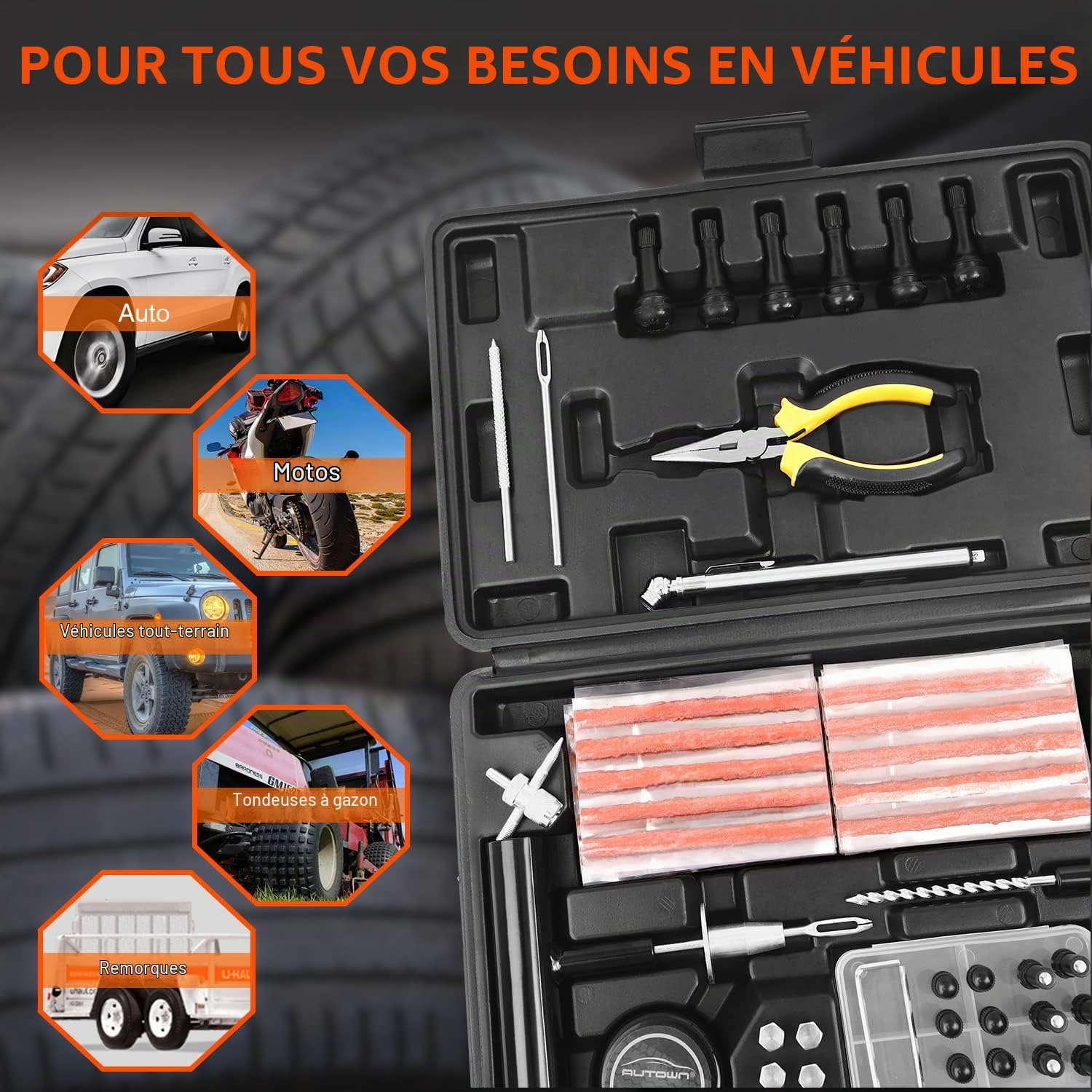 Autown Kit De Réparation De Pneus, 102 Pièces Meche Pneu Crevaison pour Voiture, Universel Kit Reparation Pneu Voiture Et Boucher Les Trous, Bouchons De Réparation De Pneus
