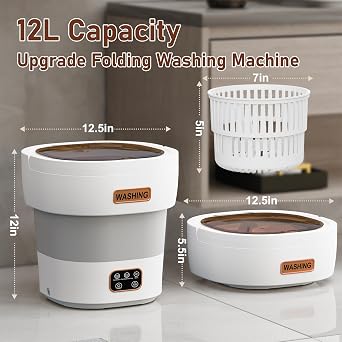 Portable Washing Machine 12L Upgraded | Foldable Mini Washer with Spin Basket & 3 Modes Deep Cleaning | for Underwear, Socks, Baby Clothes | Travel, Apartment, Dorm, RV Use (Grey-White)