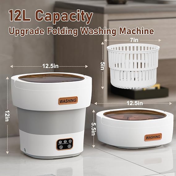 Portable Washing Machine 12L Upgraded | Foldable Mini Washer with Spin Basket & 3 Modes Deep Cleaning | for Underwear, Socks, Baby Clothes | Travel, Apartment, Dorm, RV Use (Grey-White)