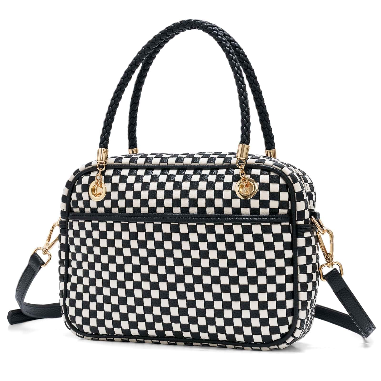 Woven Checkered Crossbody Bag for Women Vegan Leather Satchel Purse Two-tone structured handbag features a braided top handle, adjustable strap, and 3 spacious compartments with inner zippers