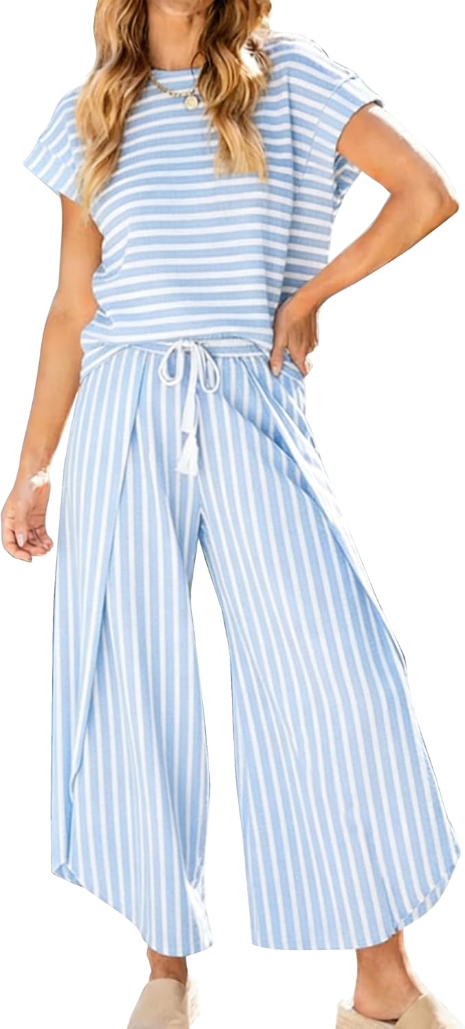 HangNiFang Womens Summer Striped 2 Piece Outfits Cap Sleeve Open Leg Pant Set Vacation Outfits Matching Sets