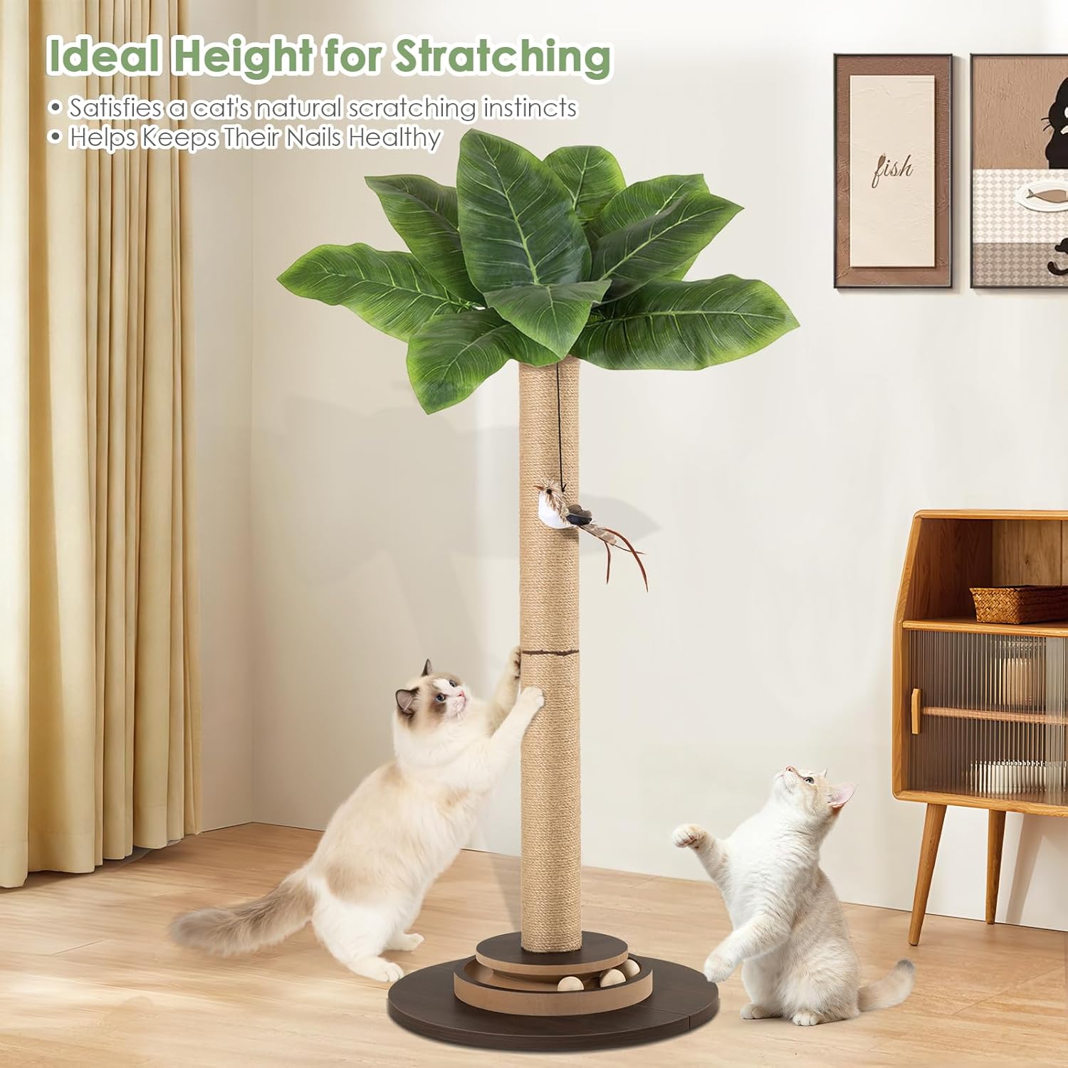 41.5 Inch Artificial Canna Leaf Cat Scratching Post, Tall Natural Sisal Cat Scratcher with Hanging Bird Toy & Interactive Track Balls, Sturdy Wide Base Cat Tree for Indoor Cats